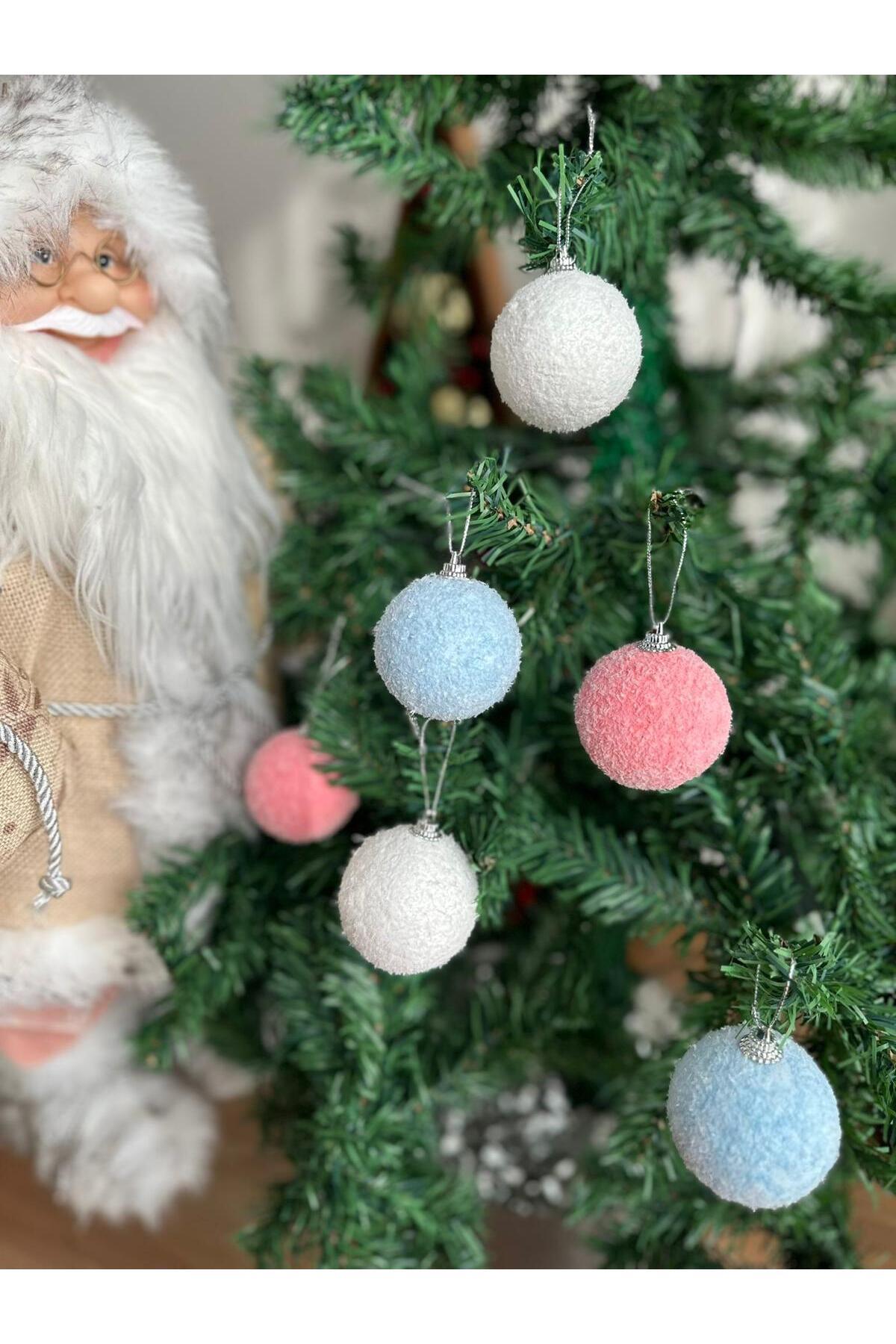 İthal koleksiyonluk yeni yıl yılbaşı 6lı makaron top kırçıl kar tüylü Noel çam ağacı süsü dekor