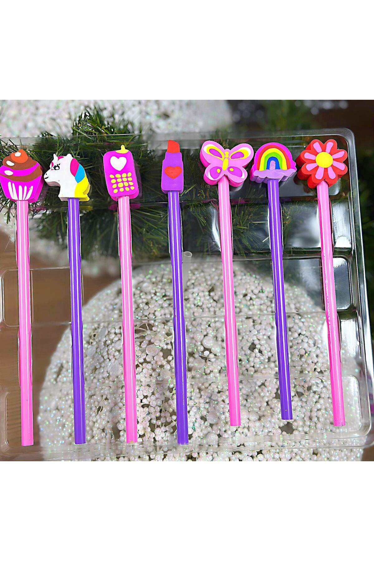 İthal lüks 14 parça kutulu kalem silgi kırtasiye seti pembe mor unicorn cupcake gökkuşağı çiçek
