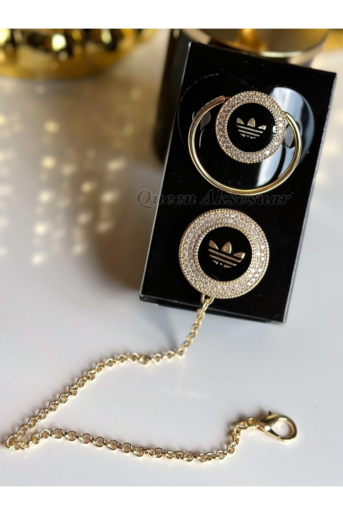 Ithal Lüks Adidas Marka Logo Siyah Kız Erkek Bebek Kristal Swarovski Taşlı Emzik Zincirli Askı Seti