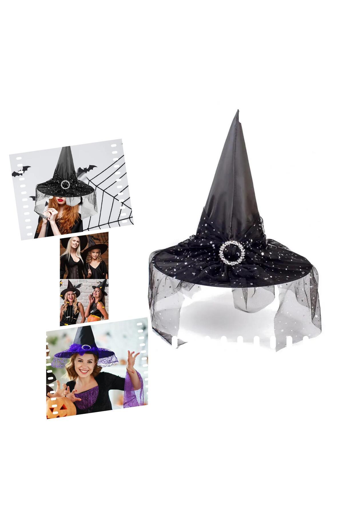 İthal lüks broşlu dantel tüllü cadı şapkası halloween şapka siyah yıldız desenli