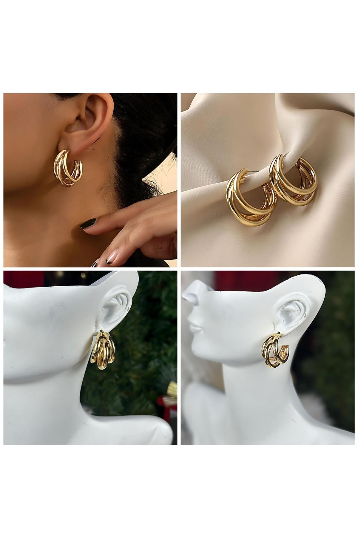 İthal lüks çelik zara hm model kararmaz 3lü halka çivili küpe kadın küpesi gold altın