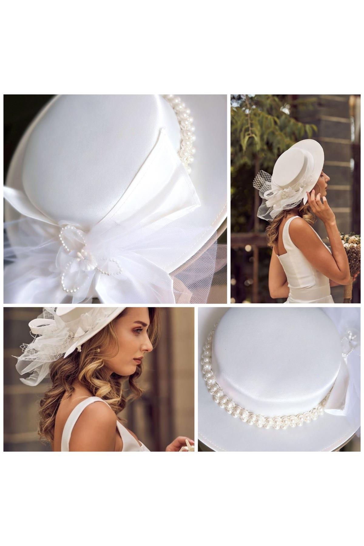İthal lüks Fransız vintage modern saten incili fiyonk çiçekli büyük gelin nikah şapkası saç aksesuar