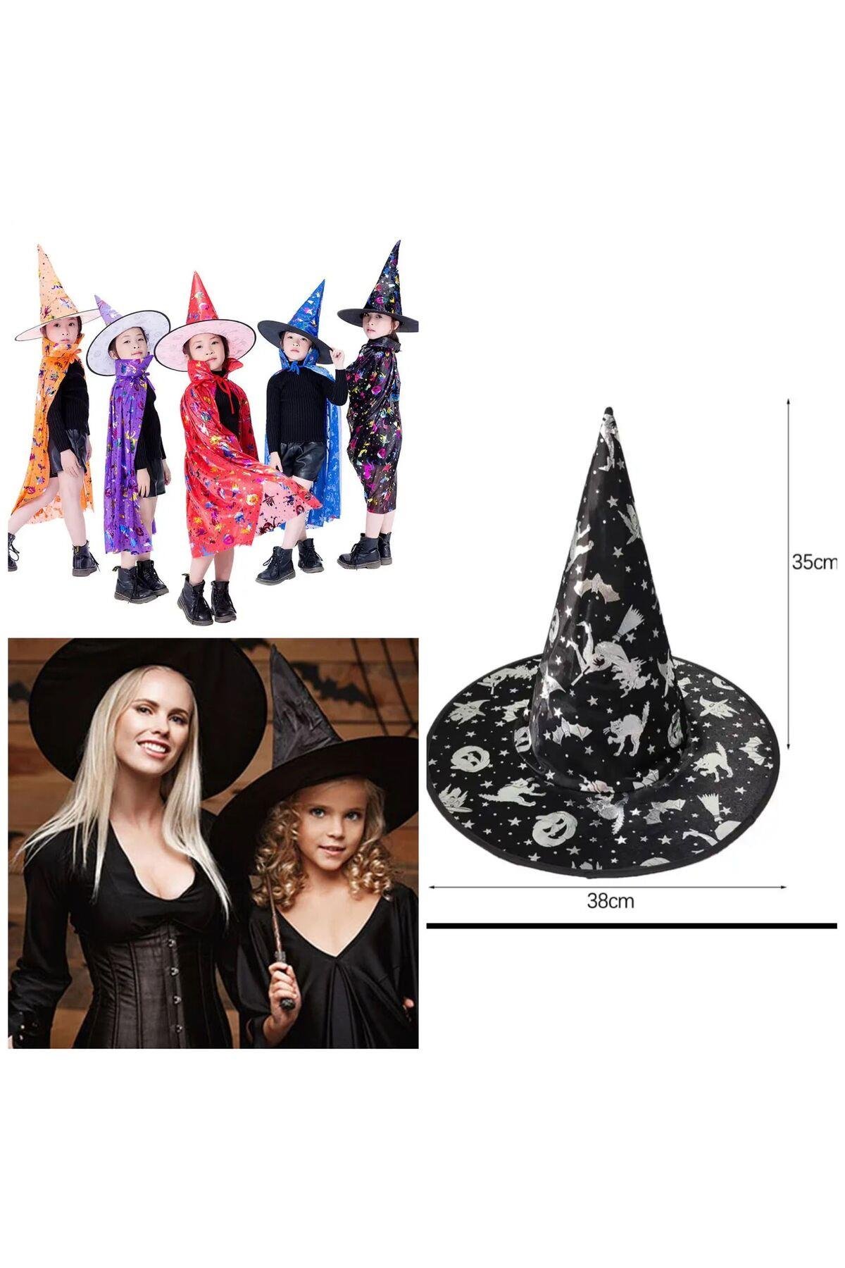 İthal lüks gümüş desenli siyah cadılar bayramı parti kostüm şapkası halloween cadı yetişkin çocuk