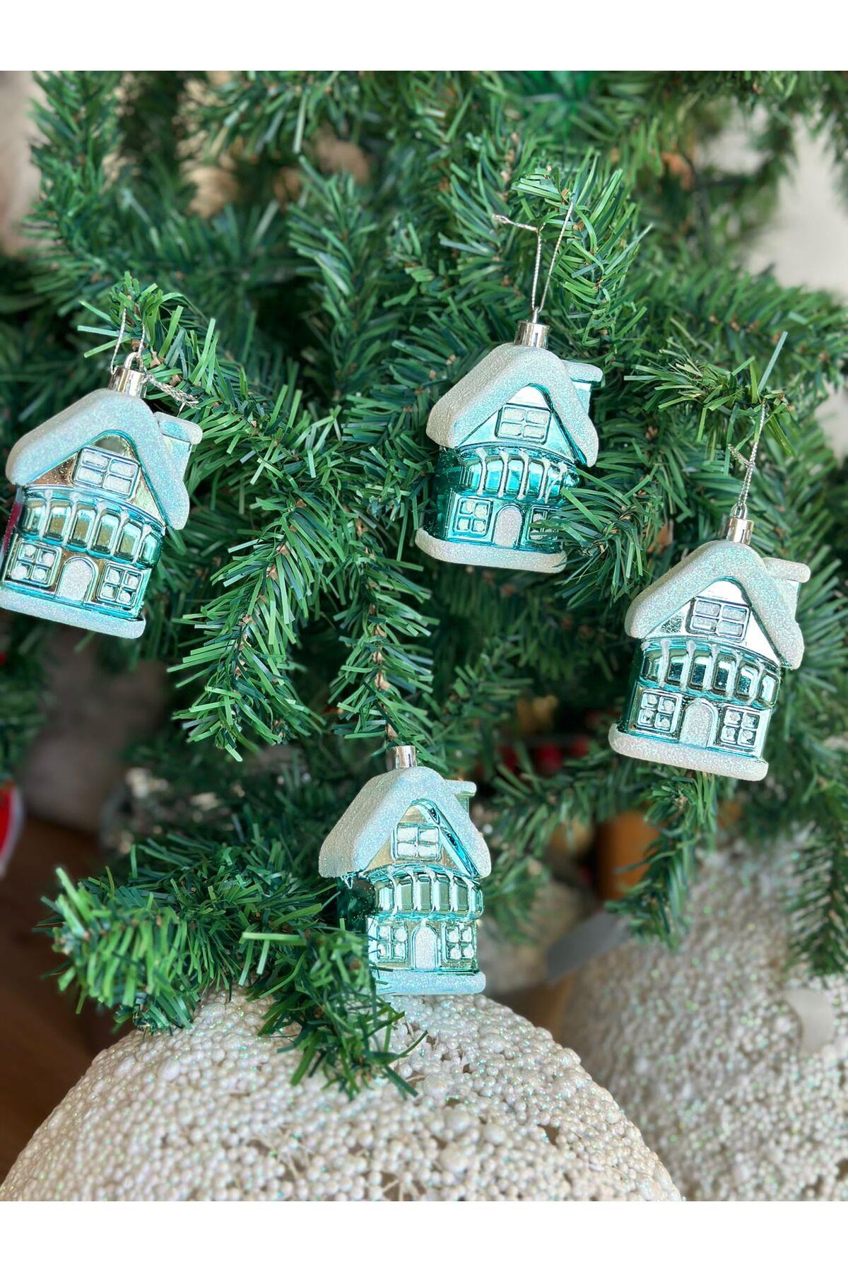 İthal lüks koleksiyonluk metalik karlı noel evi yılbaşı çam ağacı süsü oda dekorasyon 4lü set