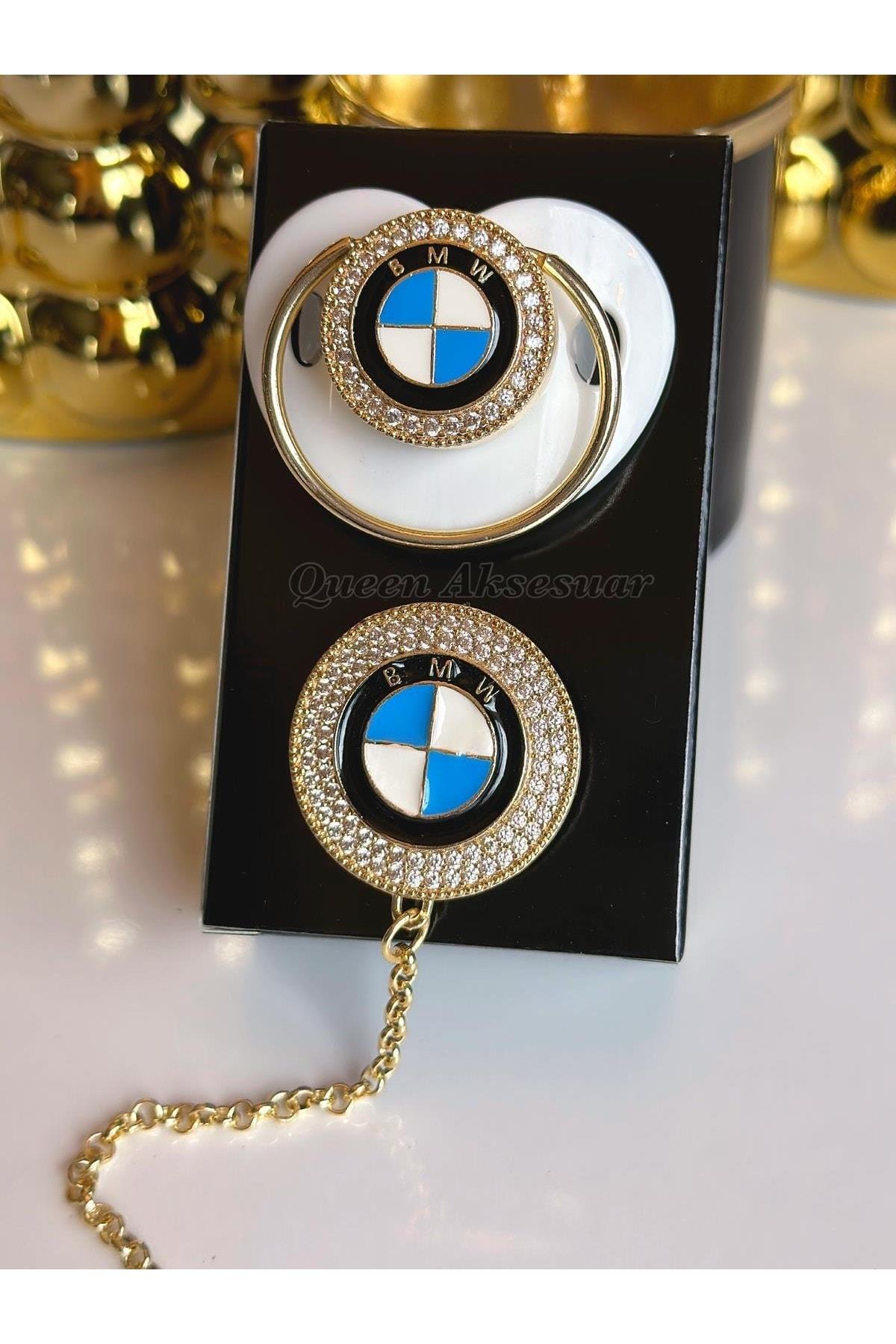 Ithal Lüks Marka Bmw Logo Beyaz Erkek Kız Bebek Kristal Taşlı Emzik Zincirli Askı Hediye Set