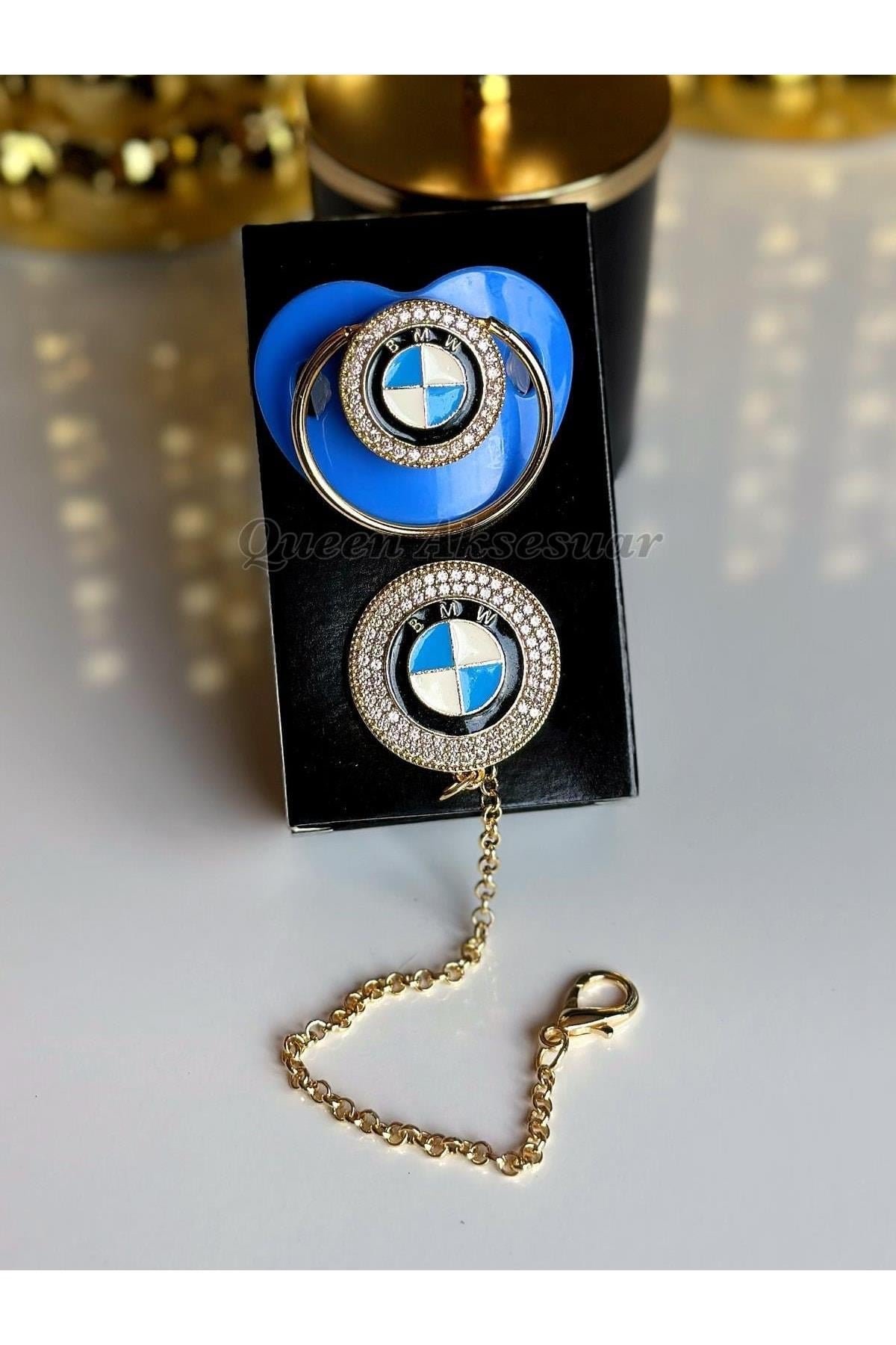Ithal Lüks Marka Bmw Logo Mavi Erkek Kız Bebek Kristal Swarovski Taşlı Emzik Zincirli Askı Seti
