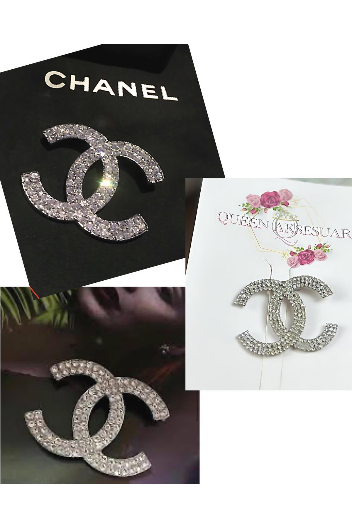 İthal lüks marka moda cc trend metal gümüş gri taşlı iğneli broş yaka eşarp fular