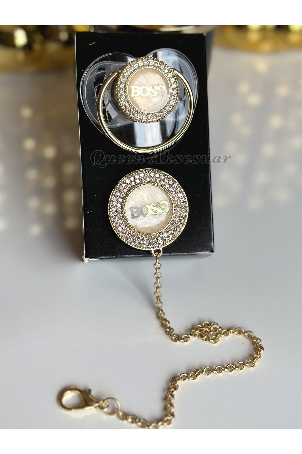 Ithal Lüks Moda Marka Logo Kız Erkek Boss Bebek Kristal Swarovski Taşlı Emzik Zincirli Askı Seti