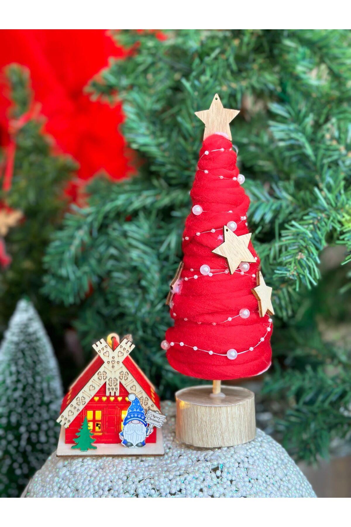 İthal lüks Noel köyü ışıklı ev inci yıldızlı süslü kırmızı dekorasyon çam ağacı hediye seti