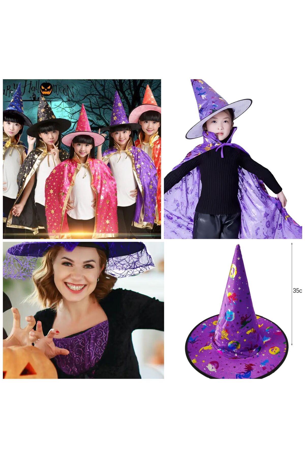 İthal lüks parlak desenli cadılar bayramı parti kostüm şapkası halloween cadı mor yetişkin çocuk