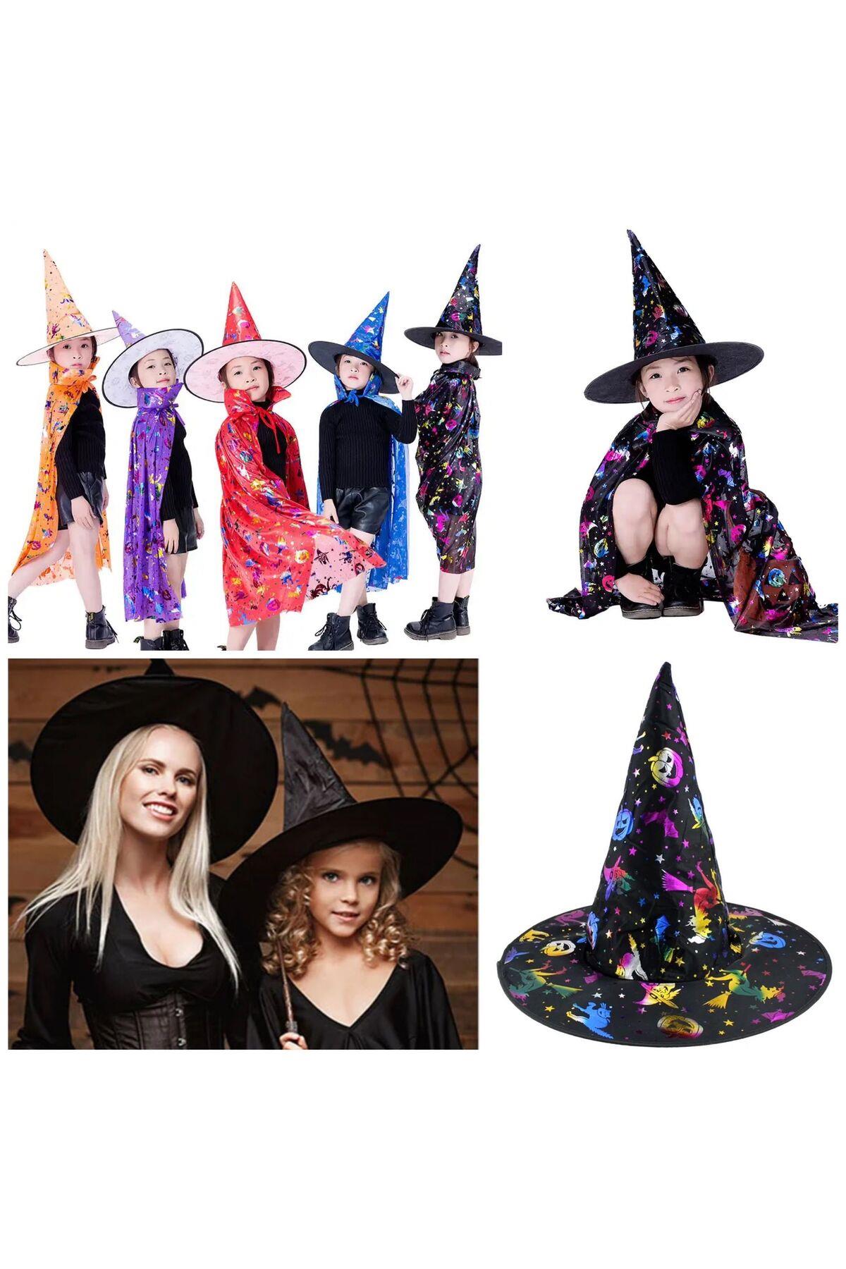 İthal lüks parlak desenli cadılar bayramı parti kostüm şapkası halloween cadı siyah yetişkin çocuk