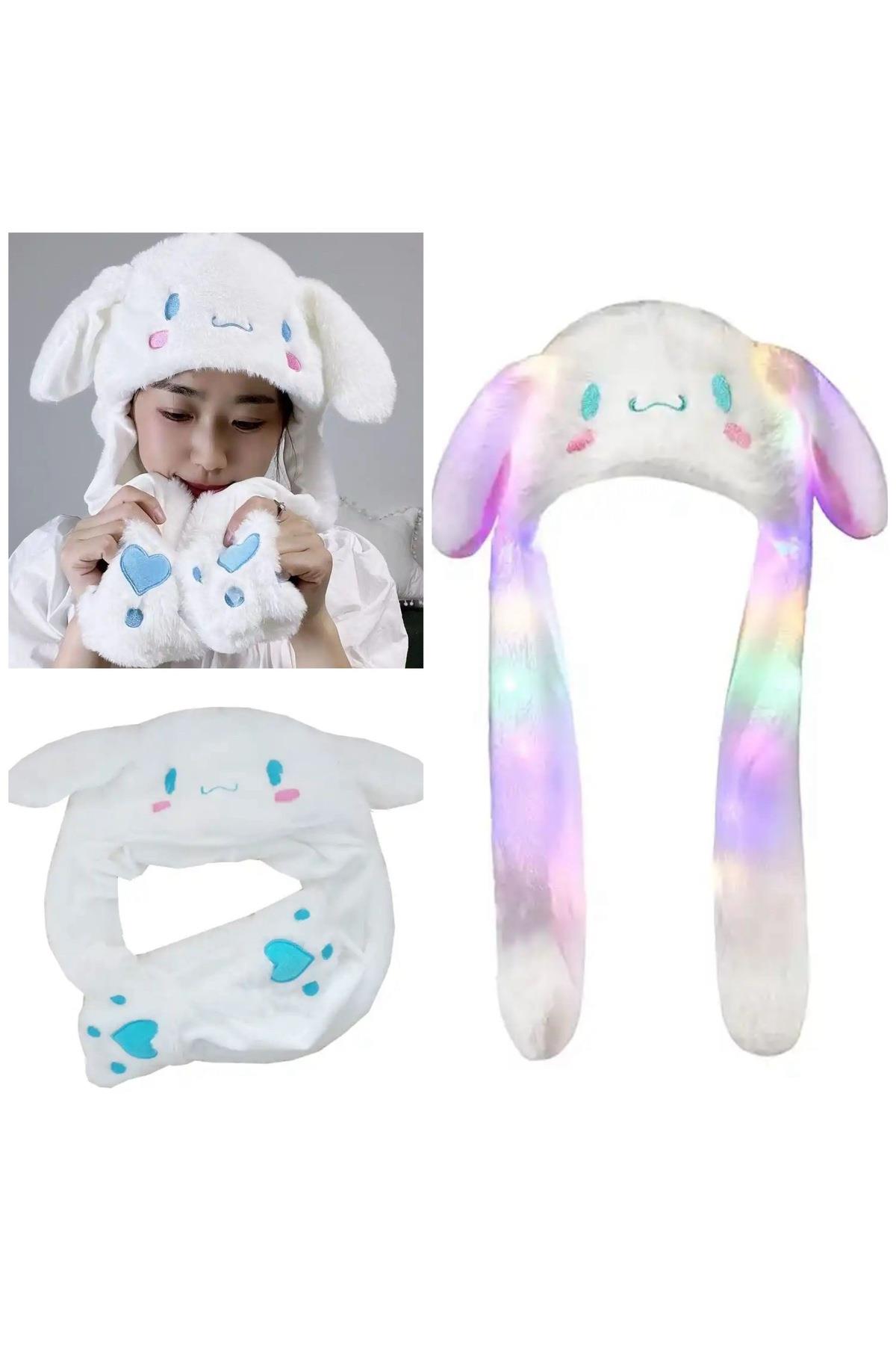 İthal lüks peluş ışıklı pompalı hareketli kulak atklı cinnamoroll kuromi beyaz tavşan kulaklık şapka