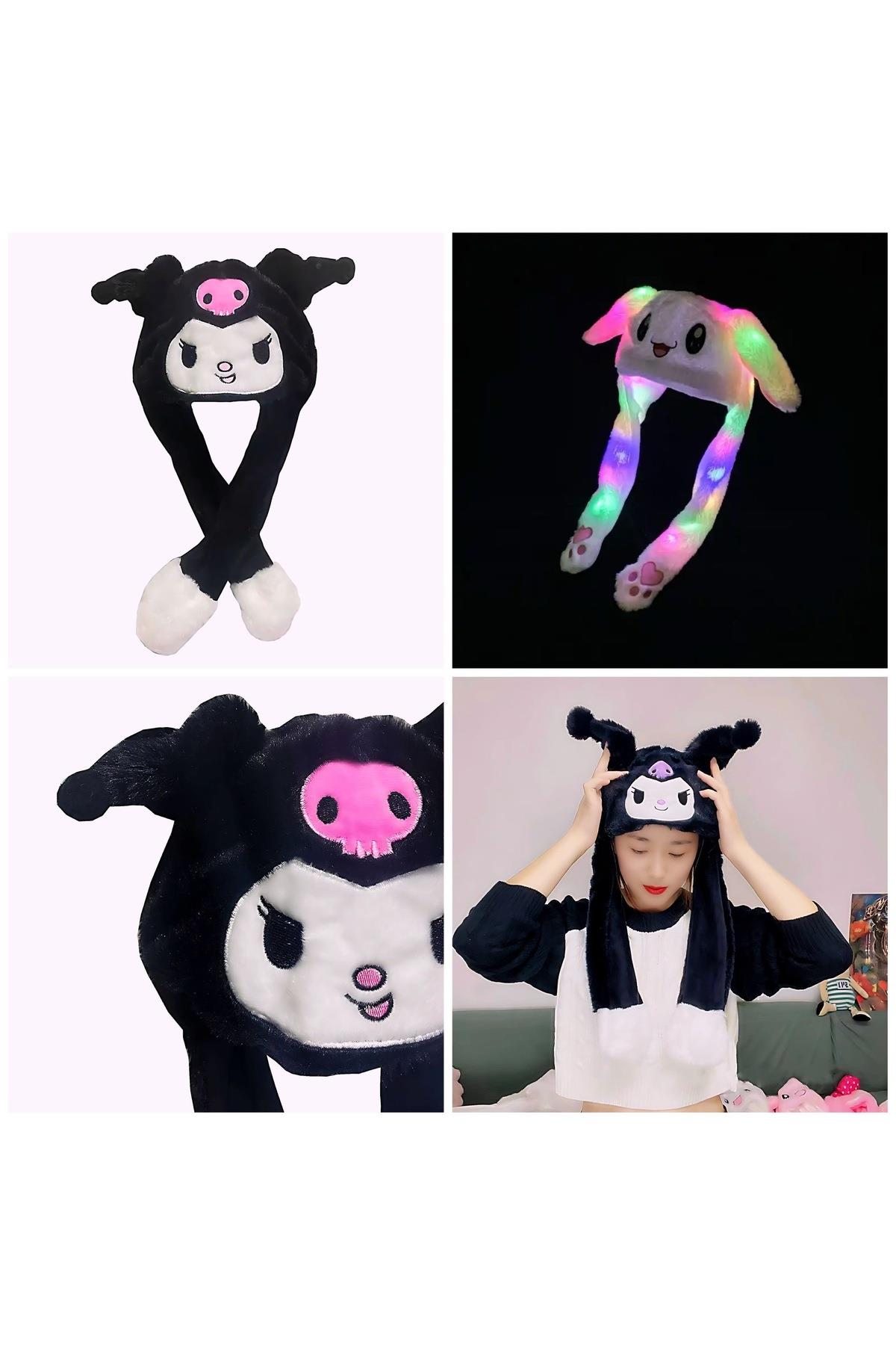 İthal lüks peluş ışıklı pompalı hareketli kulak atkılı Hello kitty kuromi siyah kedi kulaklık şapka