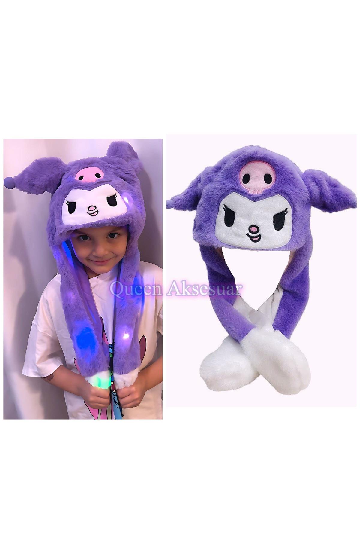İthal lüks peluş ışıklı pompalı hareketli kulak atkılı Hello kitty kedi kuromi mor kulaklık şapka