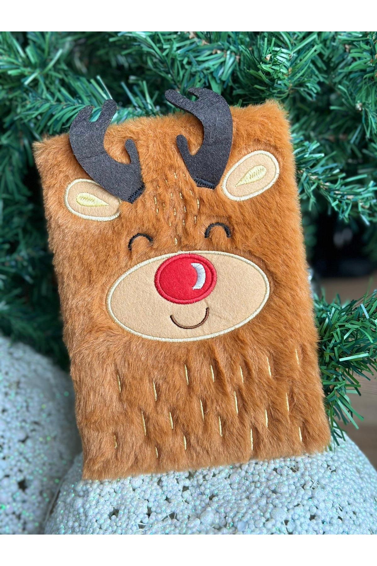 İthal lüks peluş pofuduk tüylü yılbaşı hediyesi hayvanlı Noel geyiği 3 boyutlu çizgili defter