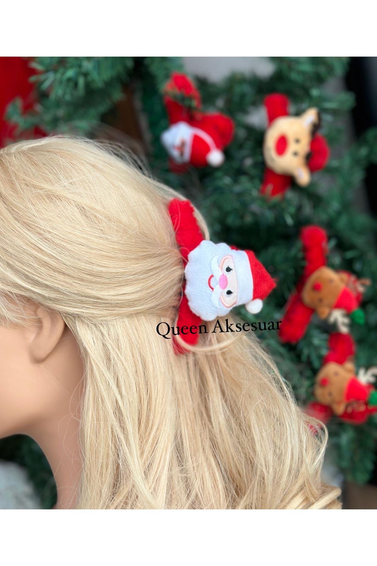 ithal lüks peluş tüylü yılbaşı pofuduk 3d şapkalı noel baba süslü büyük mandal klipsli toka kırmızı