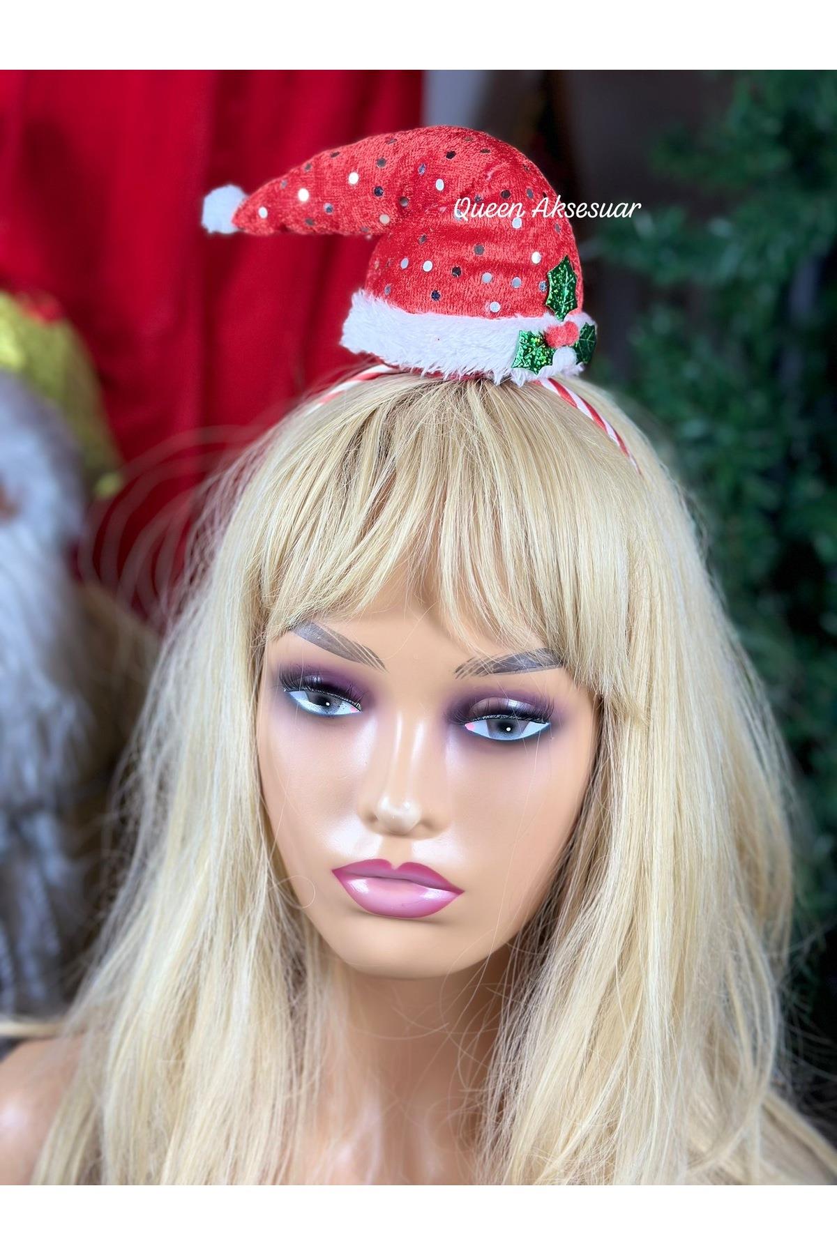 İthal lüks pofuduk 3d peluş noel baba eşf şapkalı kürklü çizgili saten taçlı parlak pullu parti tacı