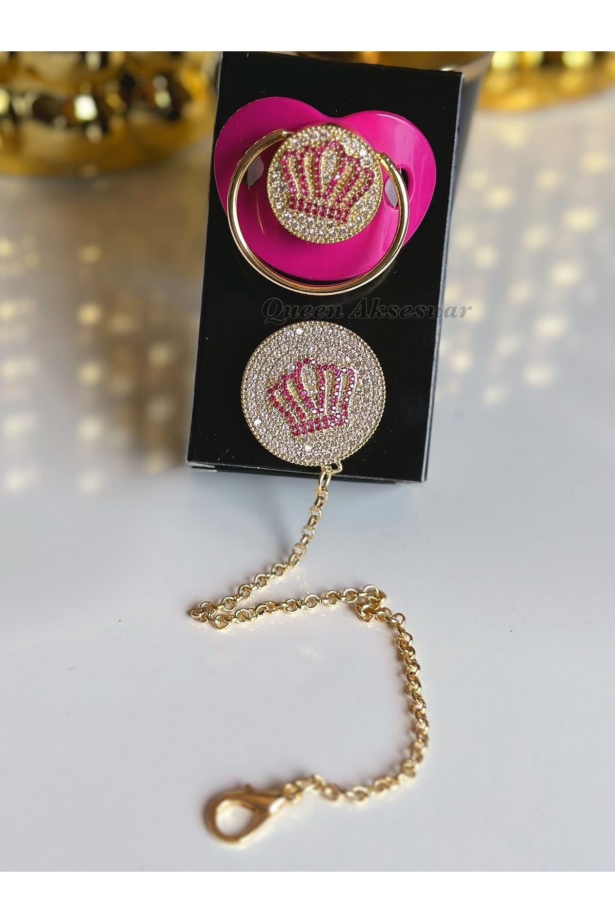 Ithal Lüks Prenses Logo Fuşya Pembe Kız Bebek Kristal Swarovski Taşlı Emzik Zincirli Askı Seti