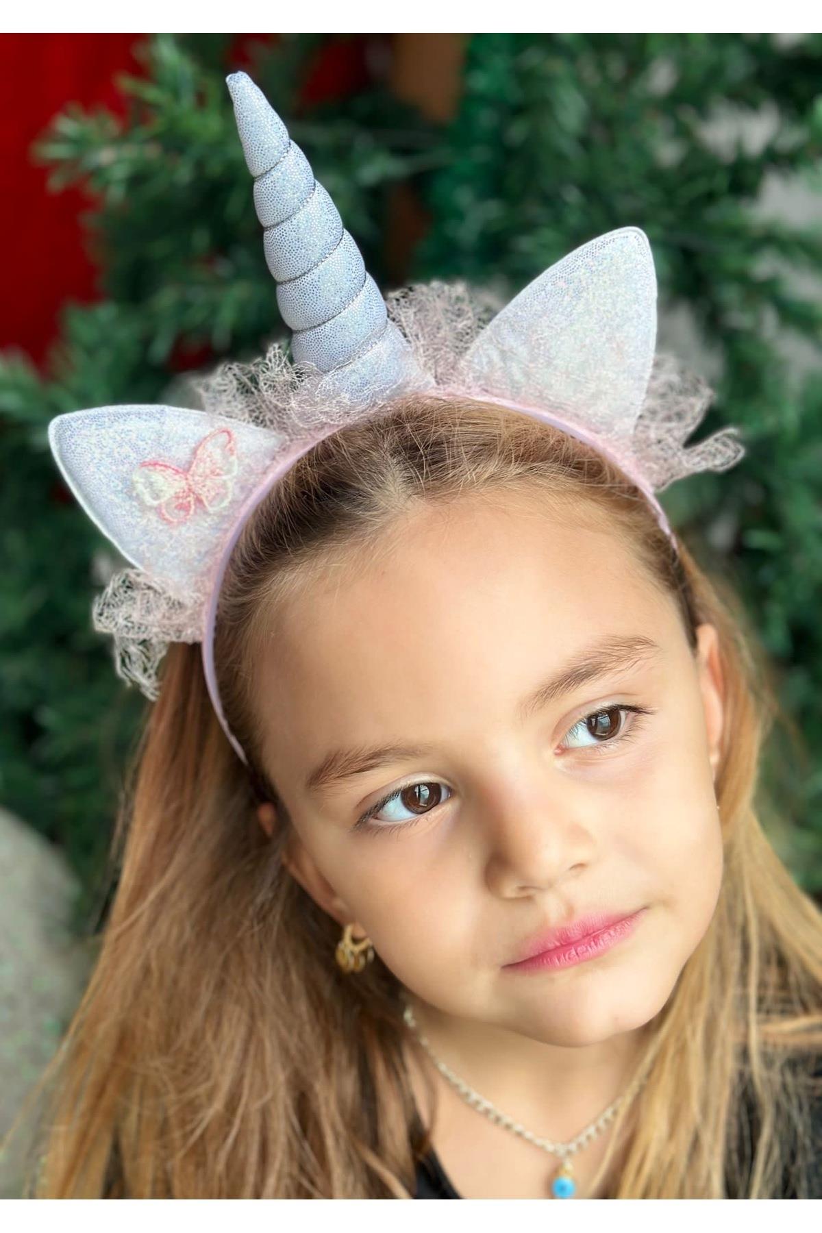 İthal lüks simli parlak kelebekli tüllü büyük unicorn boynuzlu hologramlı doğum günü parti tacı çocu