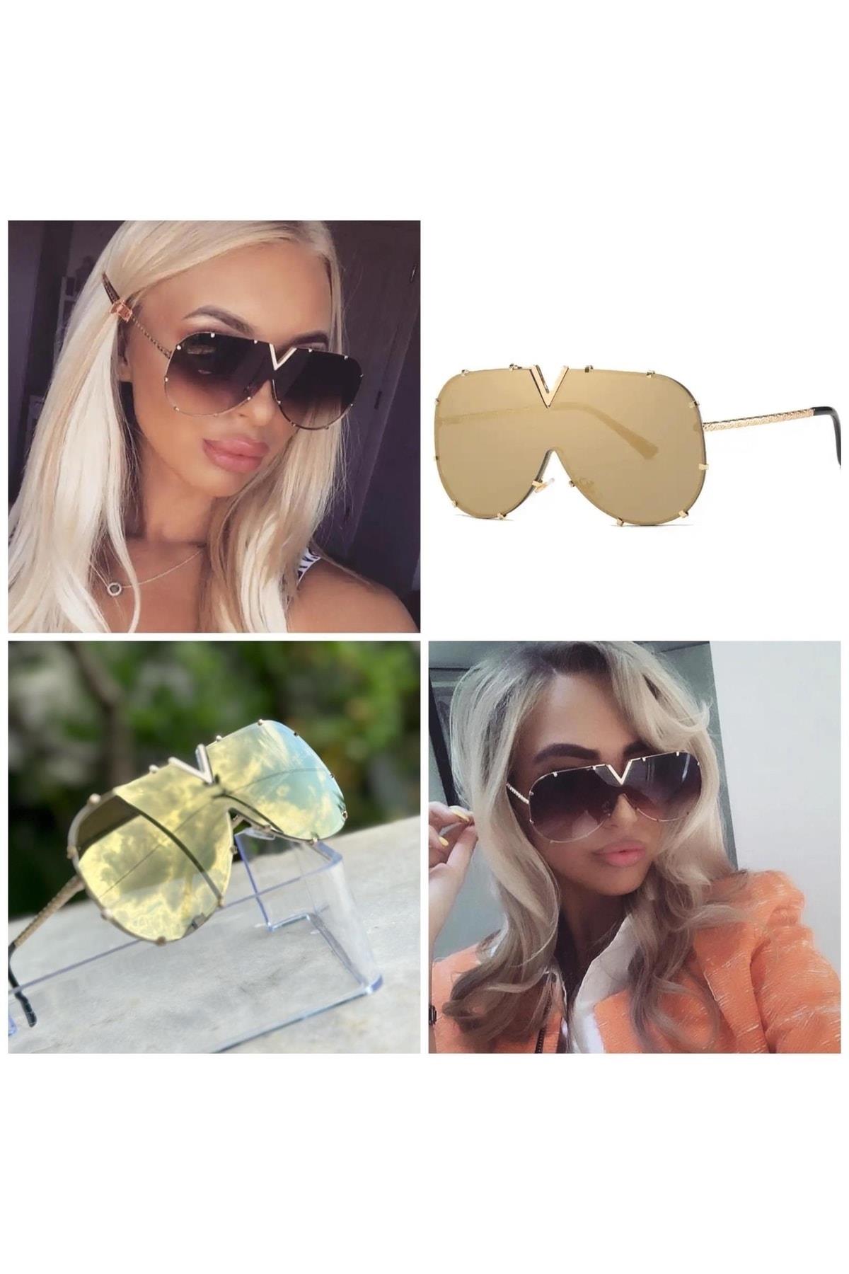 İthal lüks trend marka ayna cam güneş gözlüğü gold altın metal çerçeve gözlük
