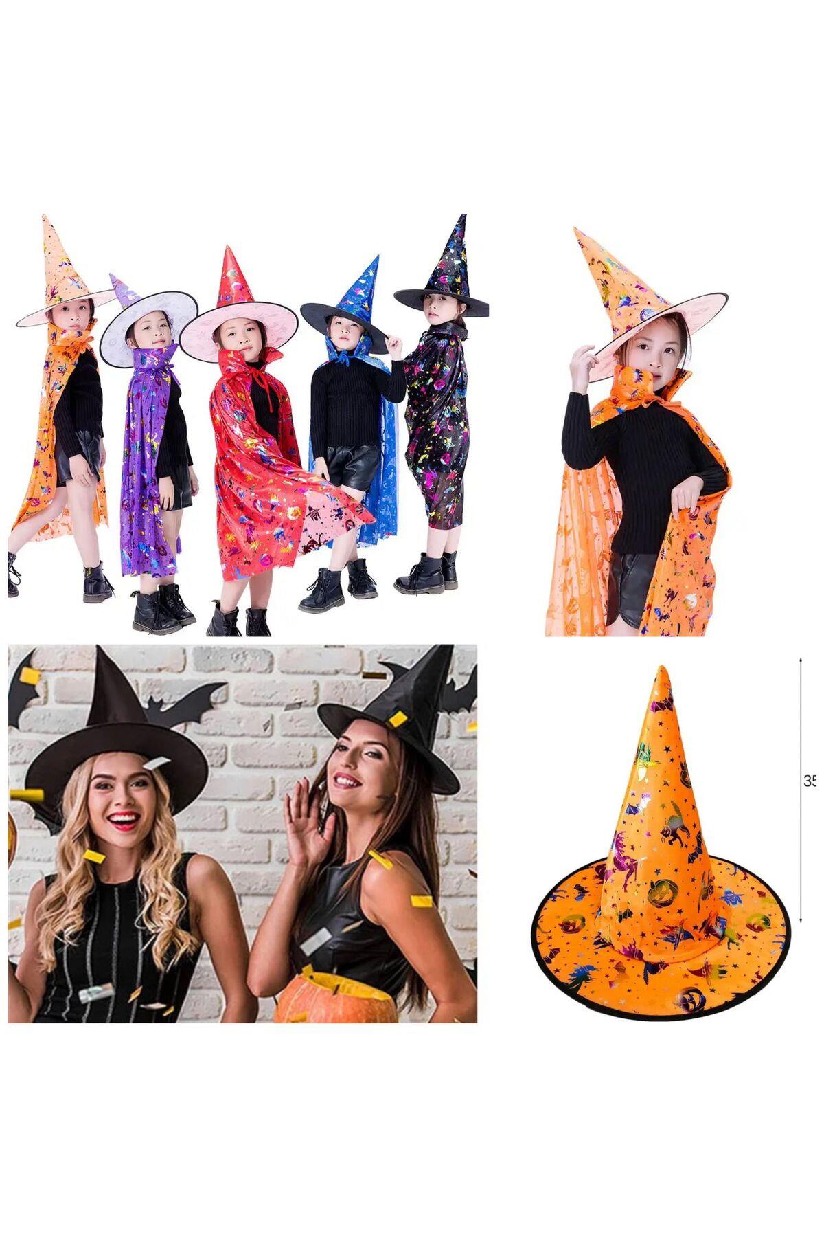 İthal lüks turuncu parlak desenli cadılar bayramı parti kostüm şapkası halloween cadı yetişkin çocuk