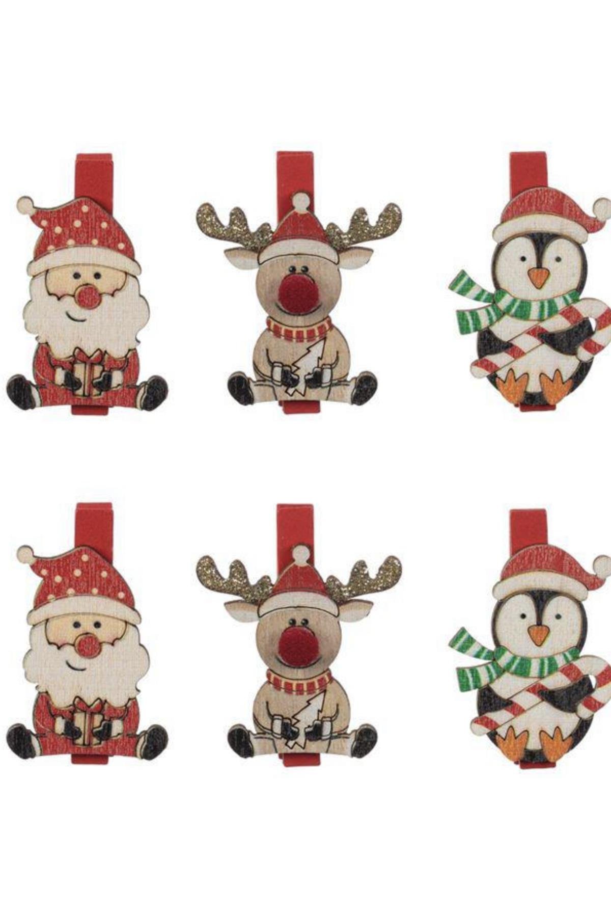 İthal lüks yılbaşı ahşap simli Noel baba geyik penguen süslü hediye paketi notluk mandal seti 6lı