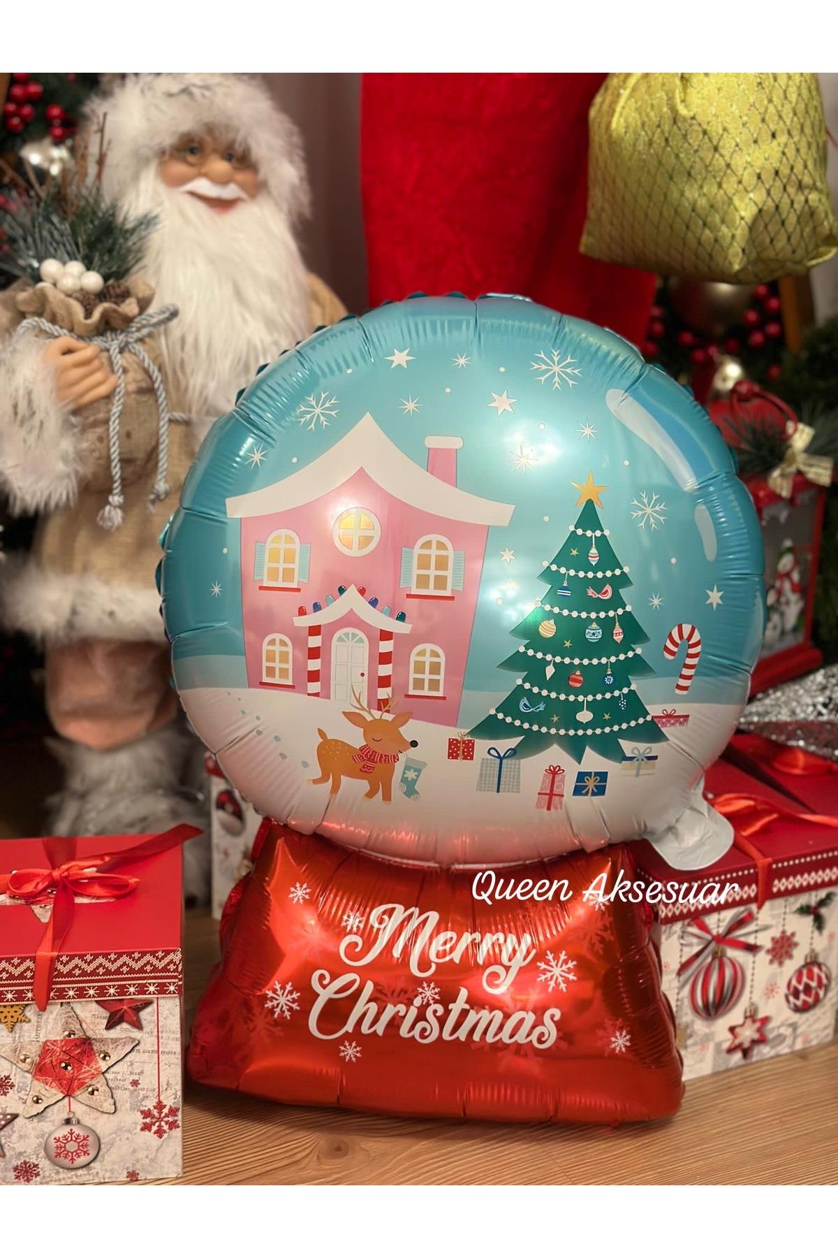 İthal lüks yılbaşı dev büyük boy geyikli kar küresi noel evi folyo helyum balon