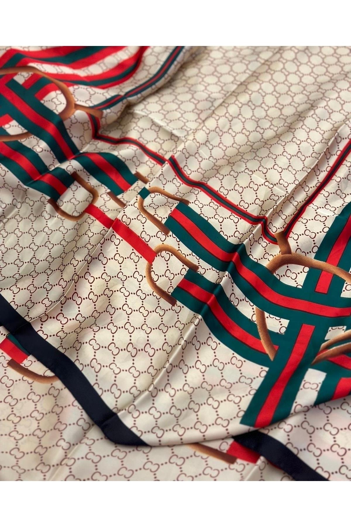 Ithal Marka Moda Trend Eşarp Şal Baş Örtüsü Zincr Kemer Desenli Ipek Kumaş 90x180 Krem Yeşil Kırmızı