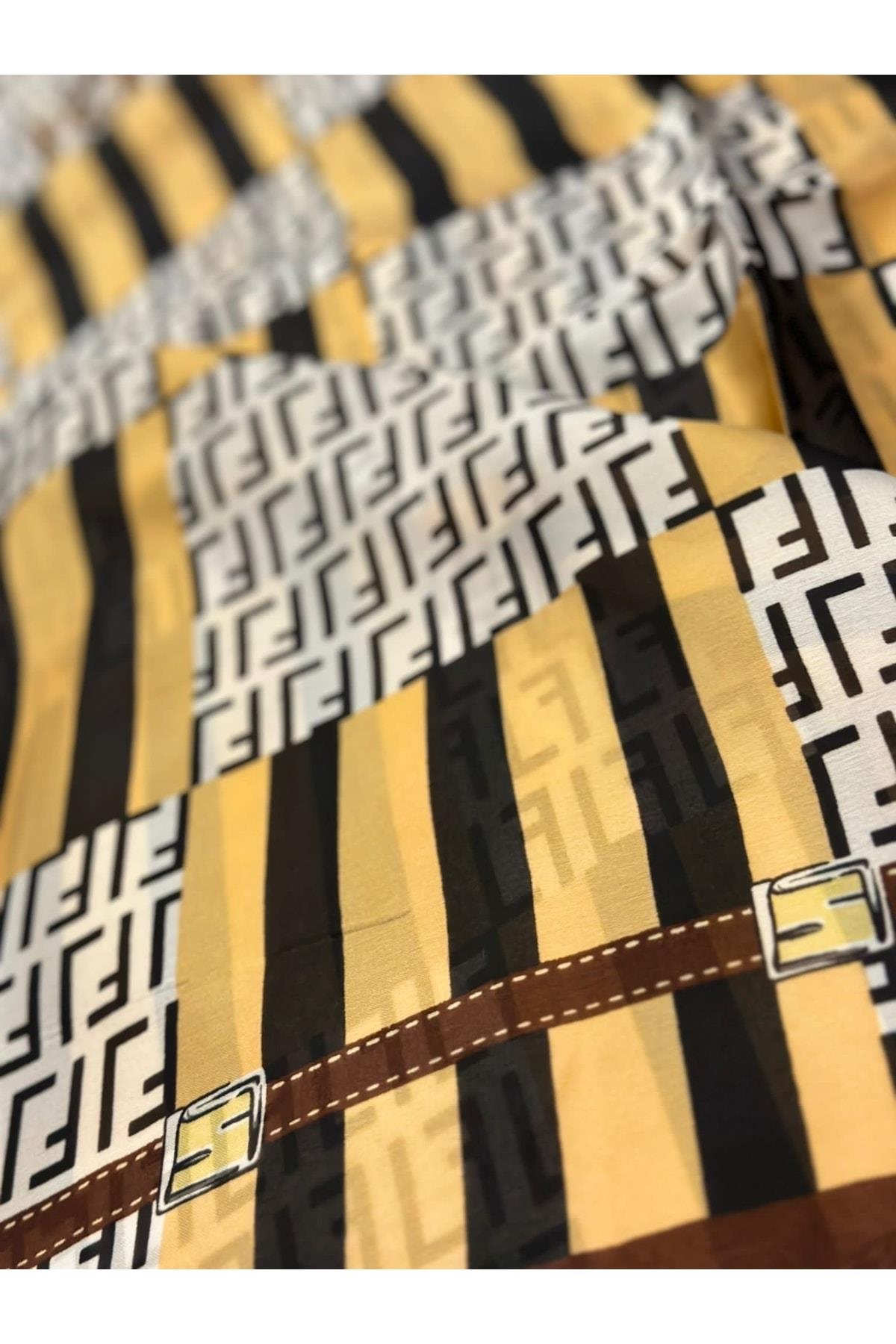 Ithal Marka Moda Trend Eşarp Şal Baş Örtüsü Zincir Kemer Desenli Ipek Kumaş 90x180 Kahverengi Gold