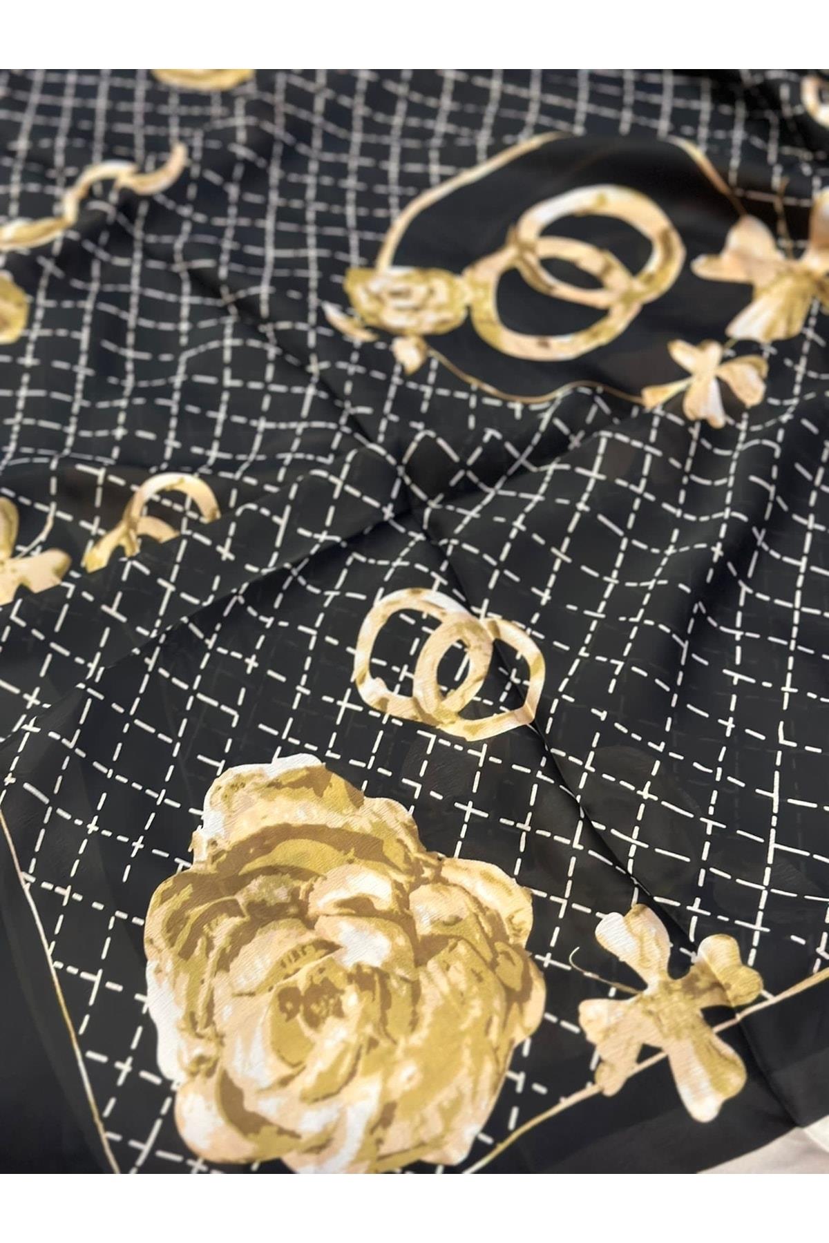 Ithal Marka Moda Trend Lç Eşarp Şal Baş Örtüsü Kamlya Gül Çiçek Desenli Ipek Kumaş 90x180 Siyah Gold