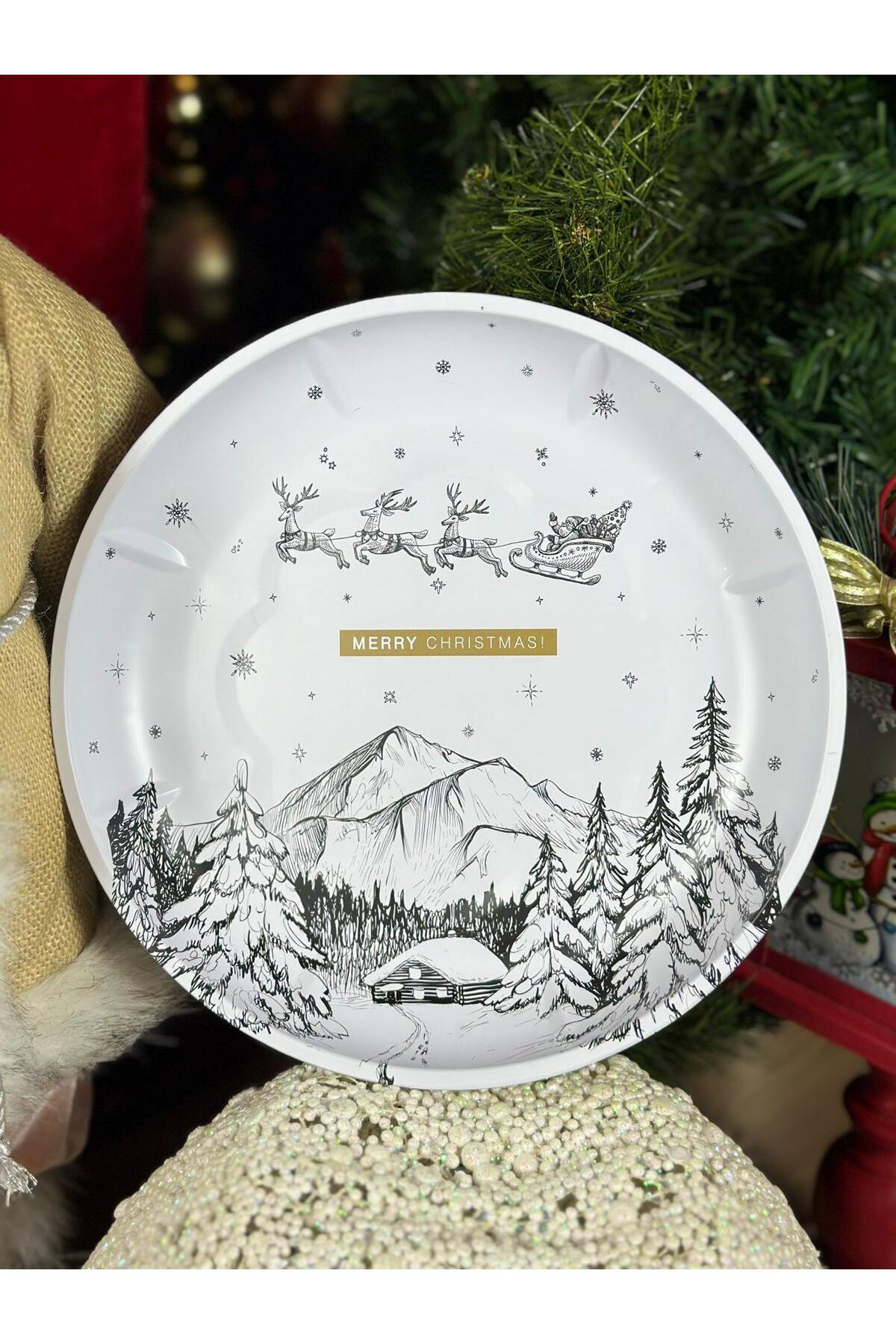 İthal metal büyük yuvarlak tepsi karlı yılbaşı ev ağaç geyik desenli tabak sunum hediyelik christmas