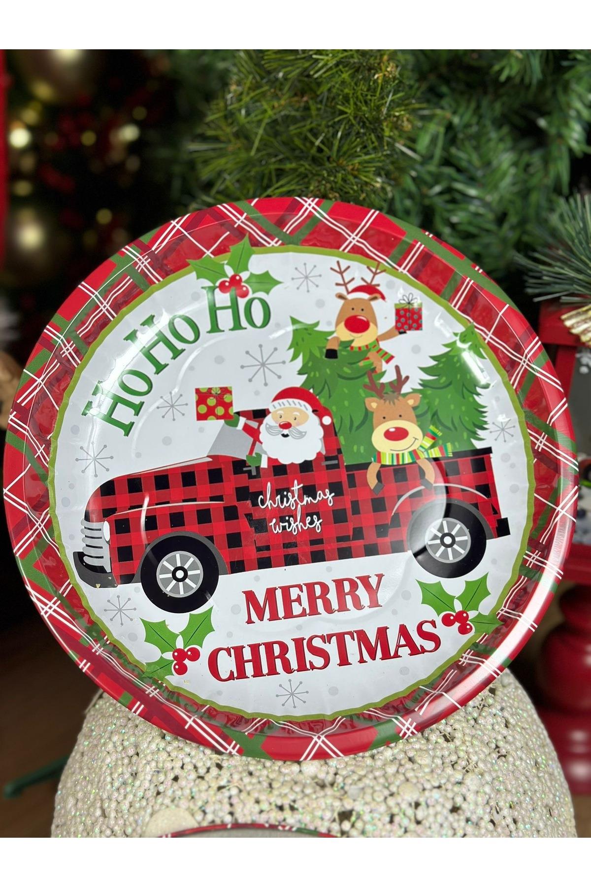İthal metal büyük yuvarlak tepsi tabak sunum hediyelik merry christmas noel baba geyik desenli