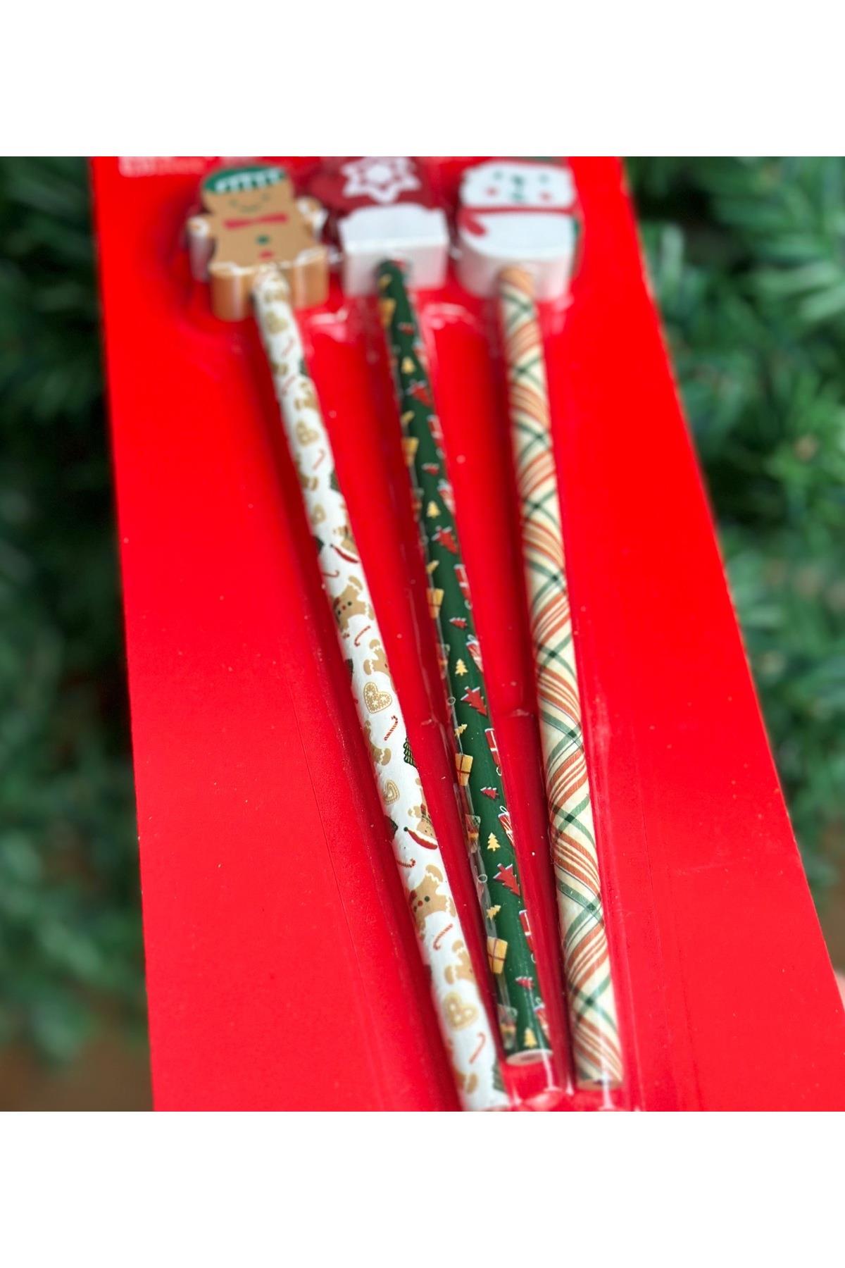 İthal yeni yıl yılbaşı hediye kurşun kalem silgi kırtasiye seti ekoseli noel desenli