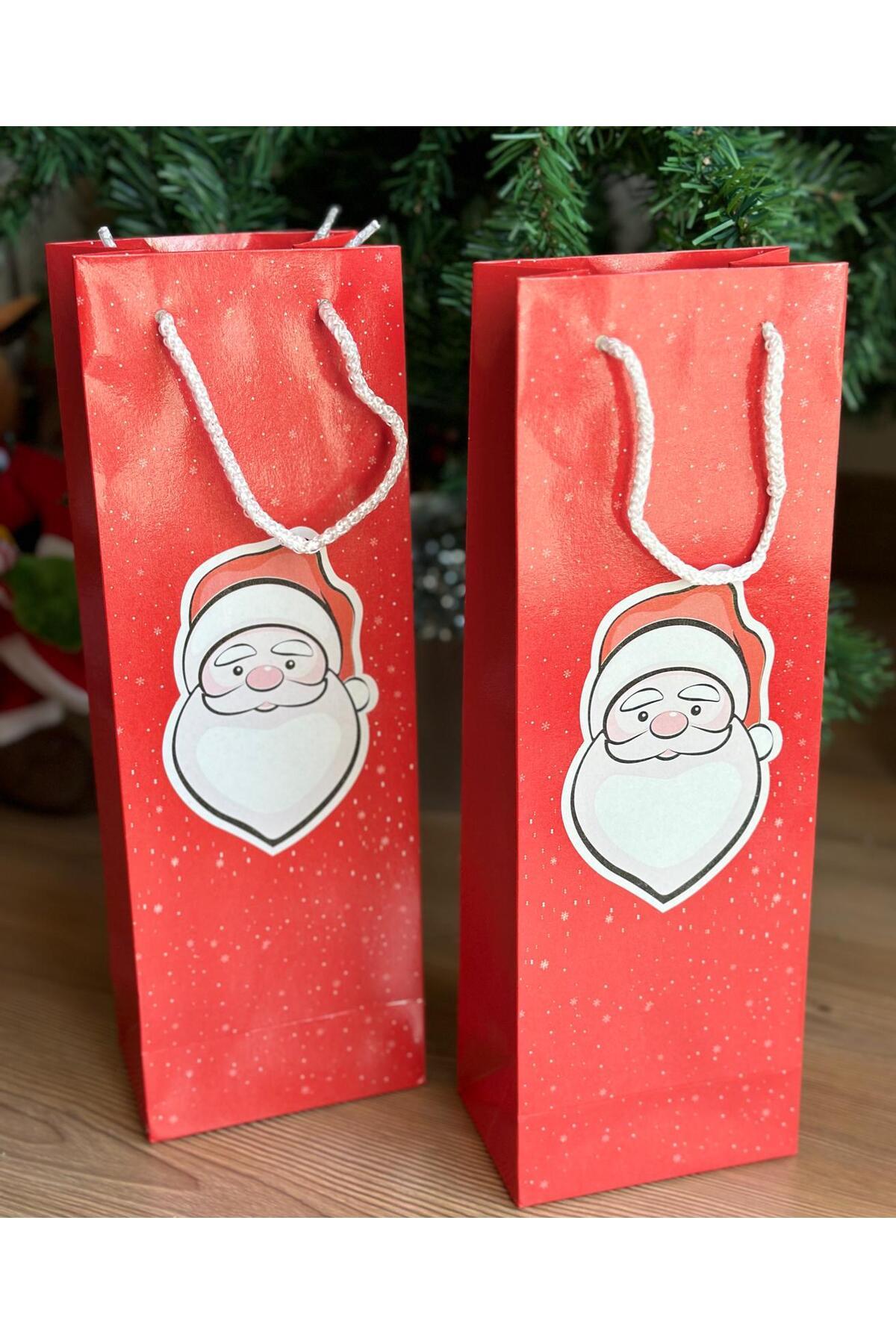 İthal yeni yıl yılbaşı noel baba desenli kırmızı uzun askılı hediye karton çanta ip askılı 2li