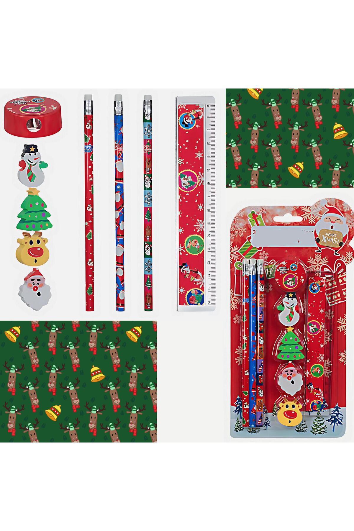 İthal yılbaşı özel kırtasiye kalem kalemtraş silgi cetvel hediye seti Noel baba geyik çam ağacı