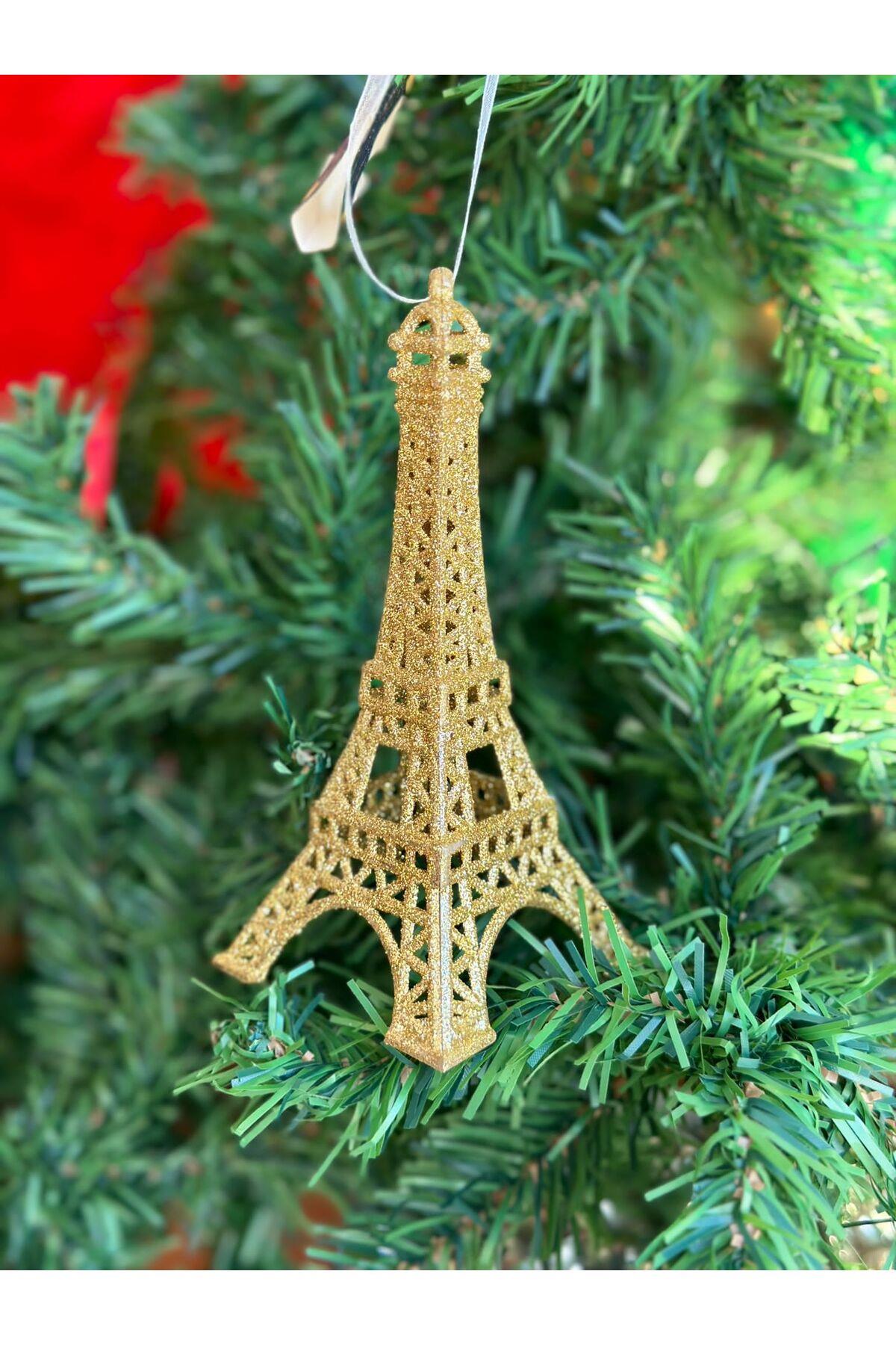 İthal yılbaşı simli koleksiyonluk büyük Paris eiffel eyfel kule çam ağacı dekorasyon süsü gold altın