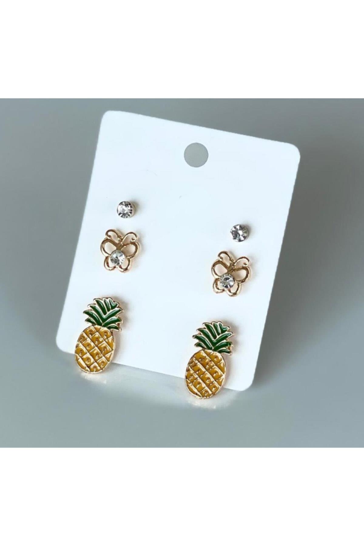 Kadın Gold  Ananas Zikron Taş Çiçek Üçlü Küpe Seti