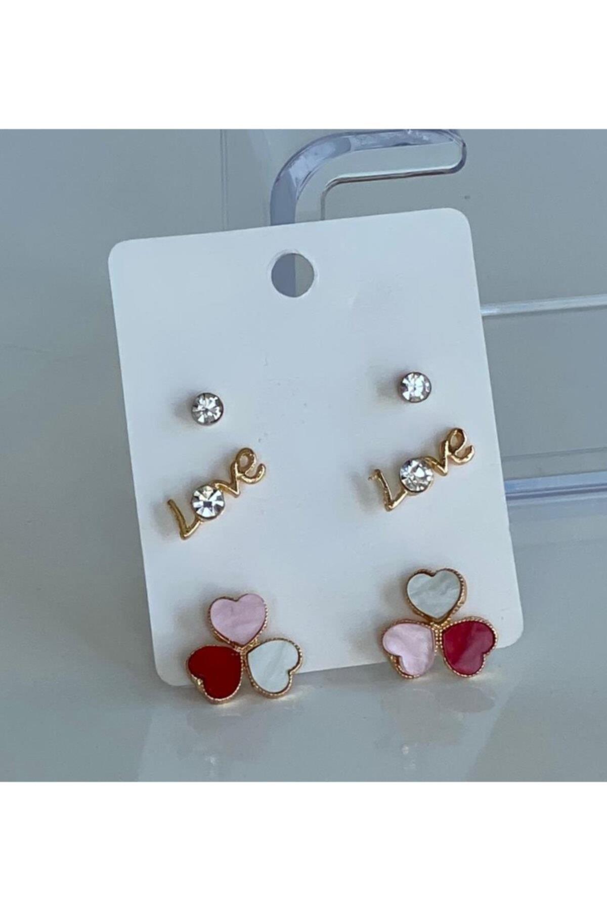 Kadın Pembe Gold Sedefli Taşlı Yonca Zirkon Love Üçlü Küpe Seti