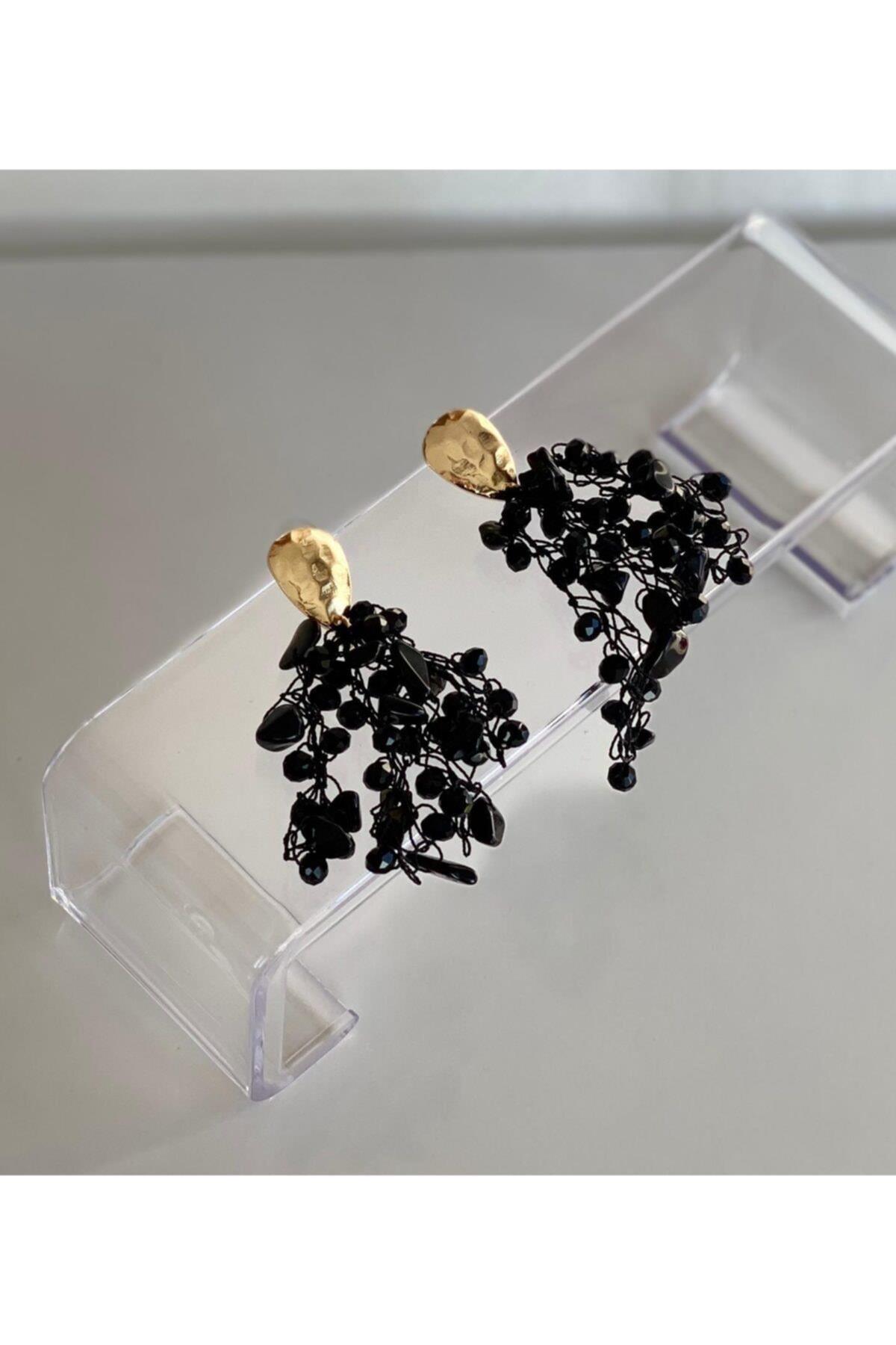 Kadın Siyah Doğal Taş Kristal Sarkıt Gold Altın Kaplama Uzun Küpe