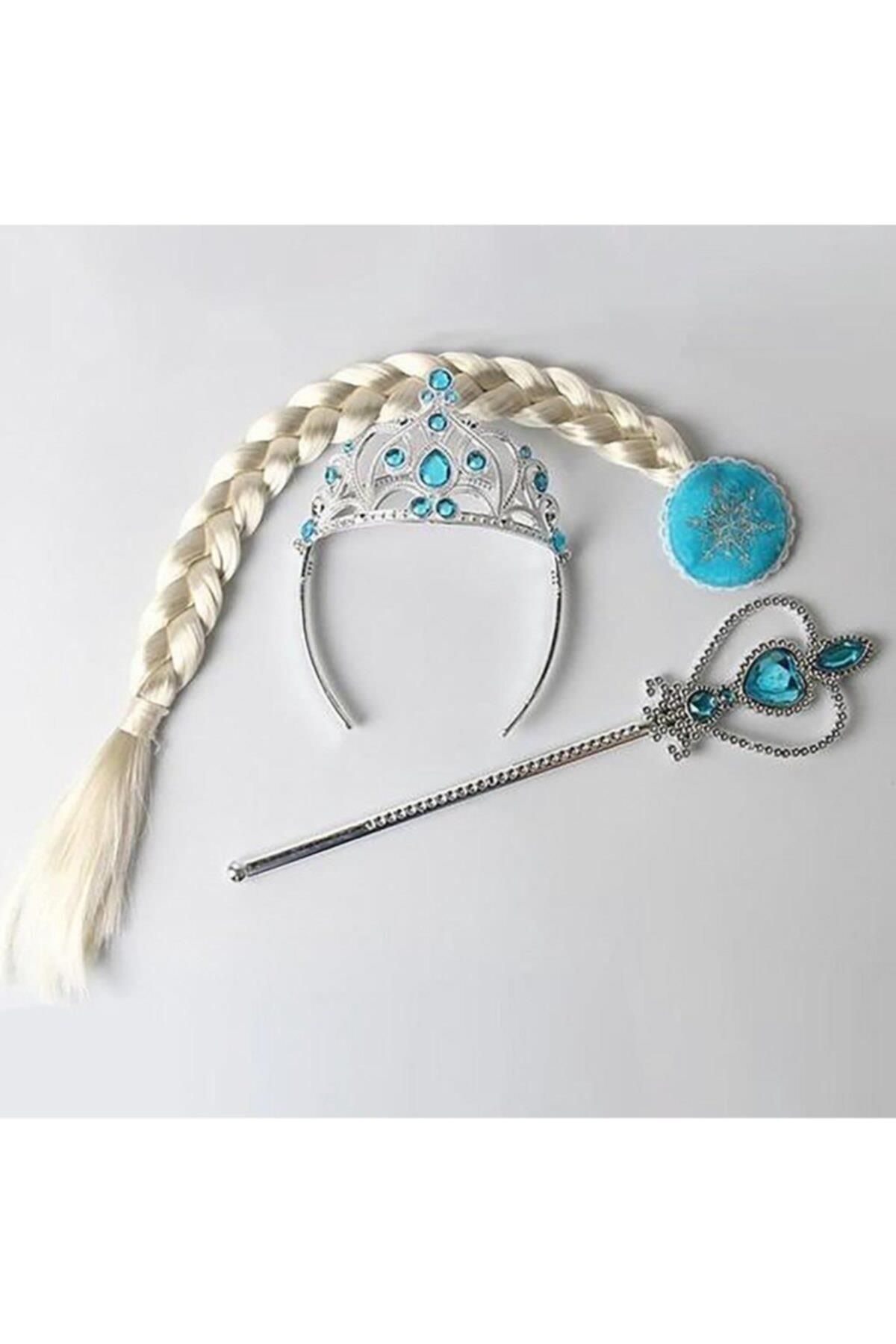 Karlar Ülkesi Frozen Elsa Prenses Model Çocuk Örgü Çıtçıt Saç Toka Taç Asa 3 Lü  Set