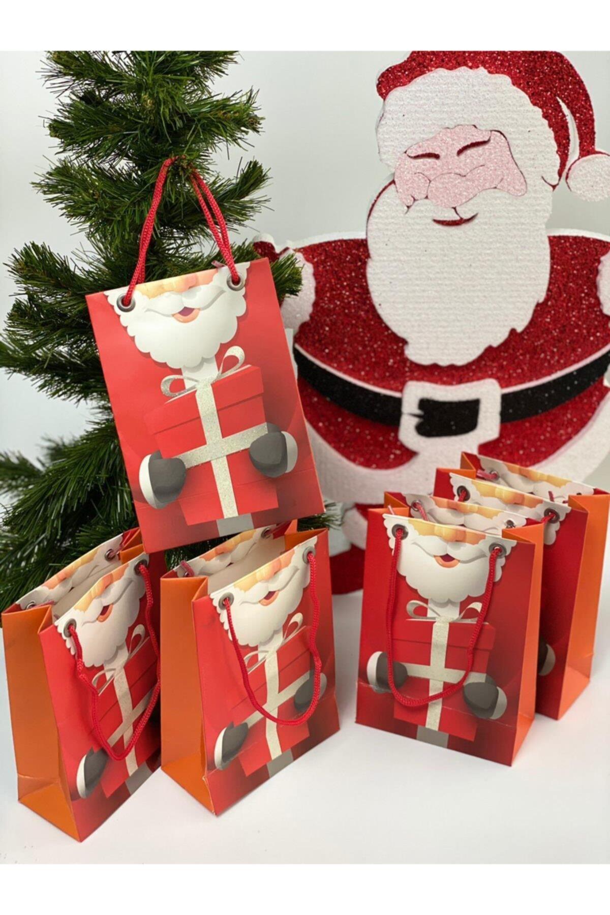 Kırmızı Yeni Yıl Yılbaşı Özel Hediye Paketi Ambalaj Karton Simli Noel Baba Çanta Poşet 5'li Set