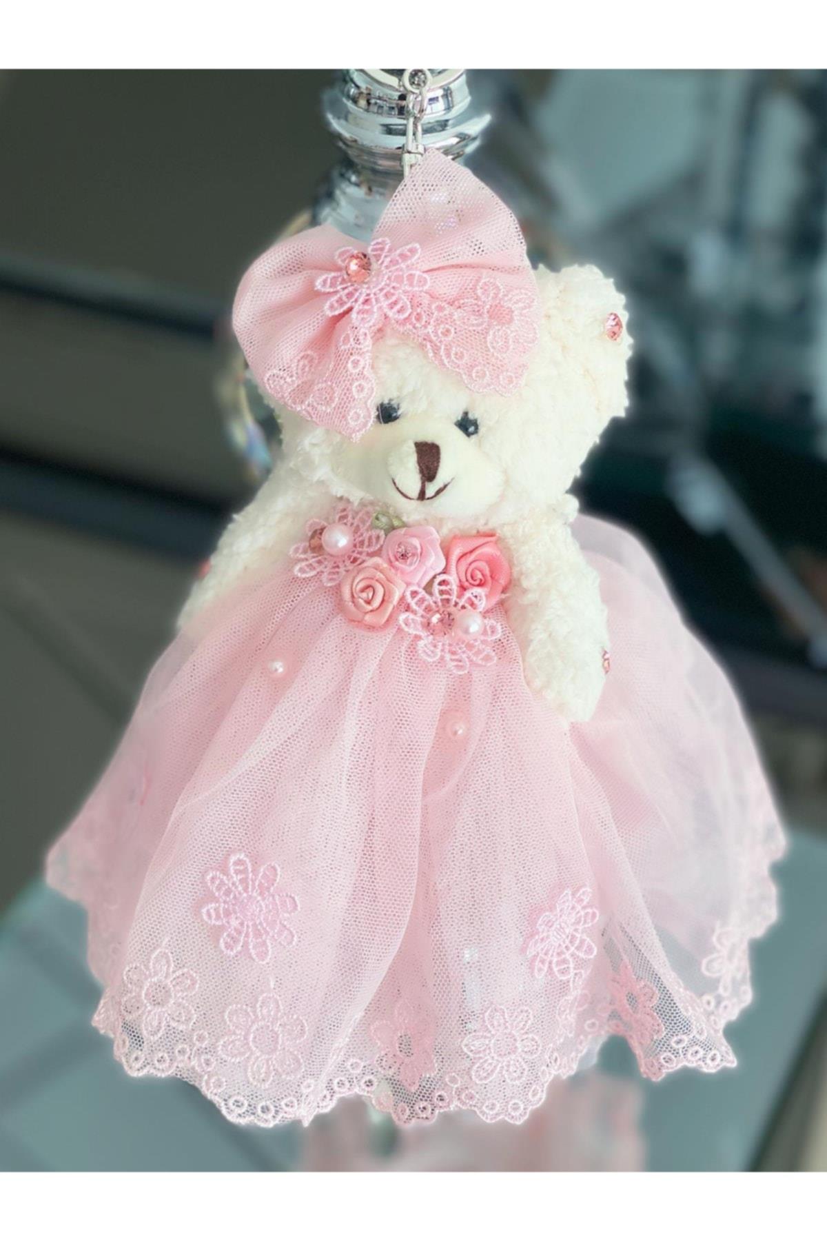 Lüks Dev Boy Taşlı Süslü Tül Güpürlü Elbiseli Peluş Oyuncak Ayıcık Anahtarlık Pembe