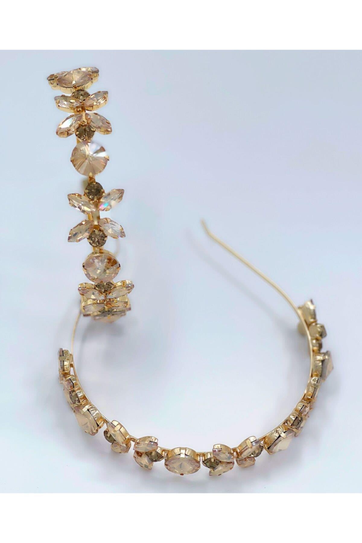 Lüks Gold Kristal Cam Taşlı Çiçek Motifli Altın Metal Taç Kadın Çocuk Tacı