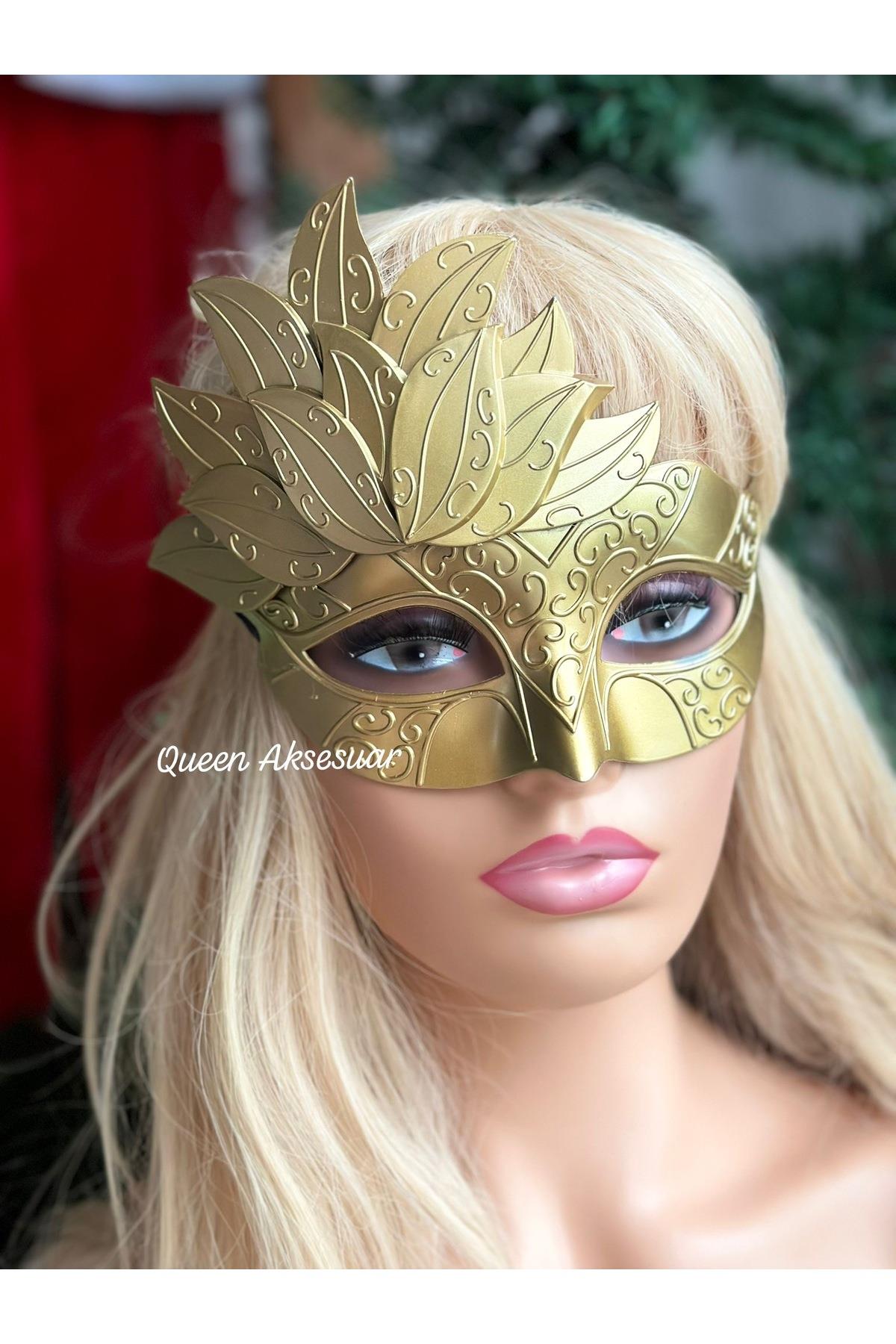 Lüks ithal Yılbaşı parti balo kostüm maskesi gözlük yaprak motifli kadın maske gözlüğü gold no3