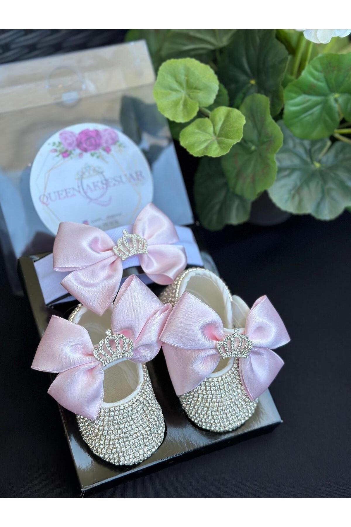 Lüks kristal taşlı swarovski kaplama kız bebek tasarım ayakkabı patik saç bantı pembe fiyonk prenses