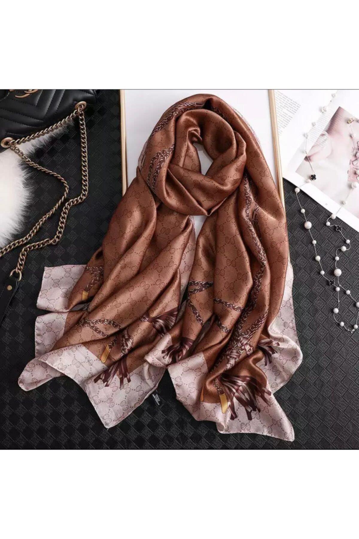 Lüks Marka Moda Kahverengi Zincir Desenli Ipek Şal Eşarp Başörtü