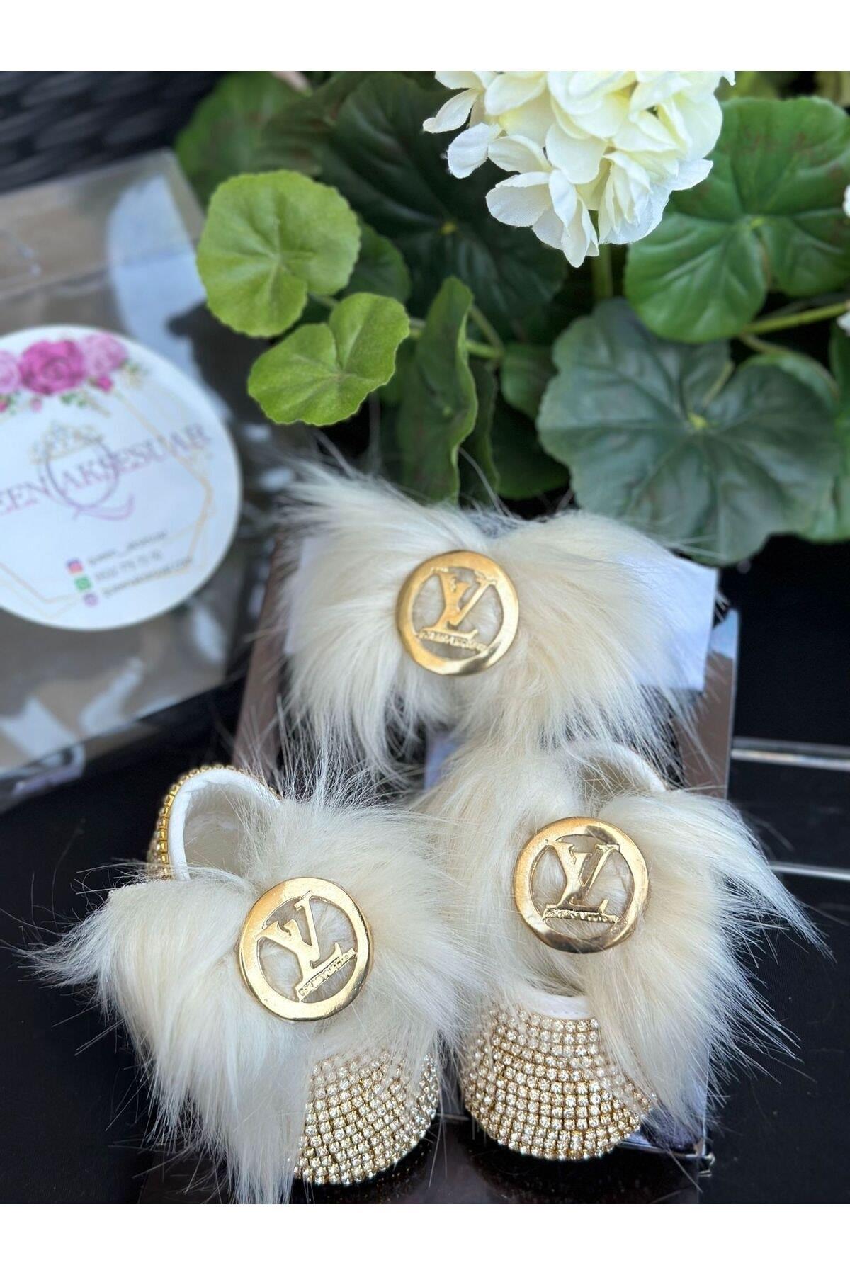 Lüks marka moda metal broşlu kristal taşlı tüylü kız bebek tasarım ayakkabı patik saç bantı
