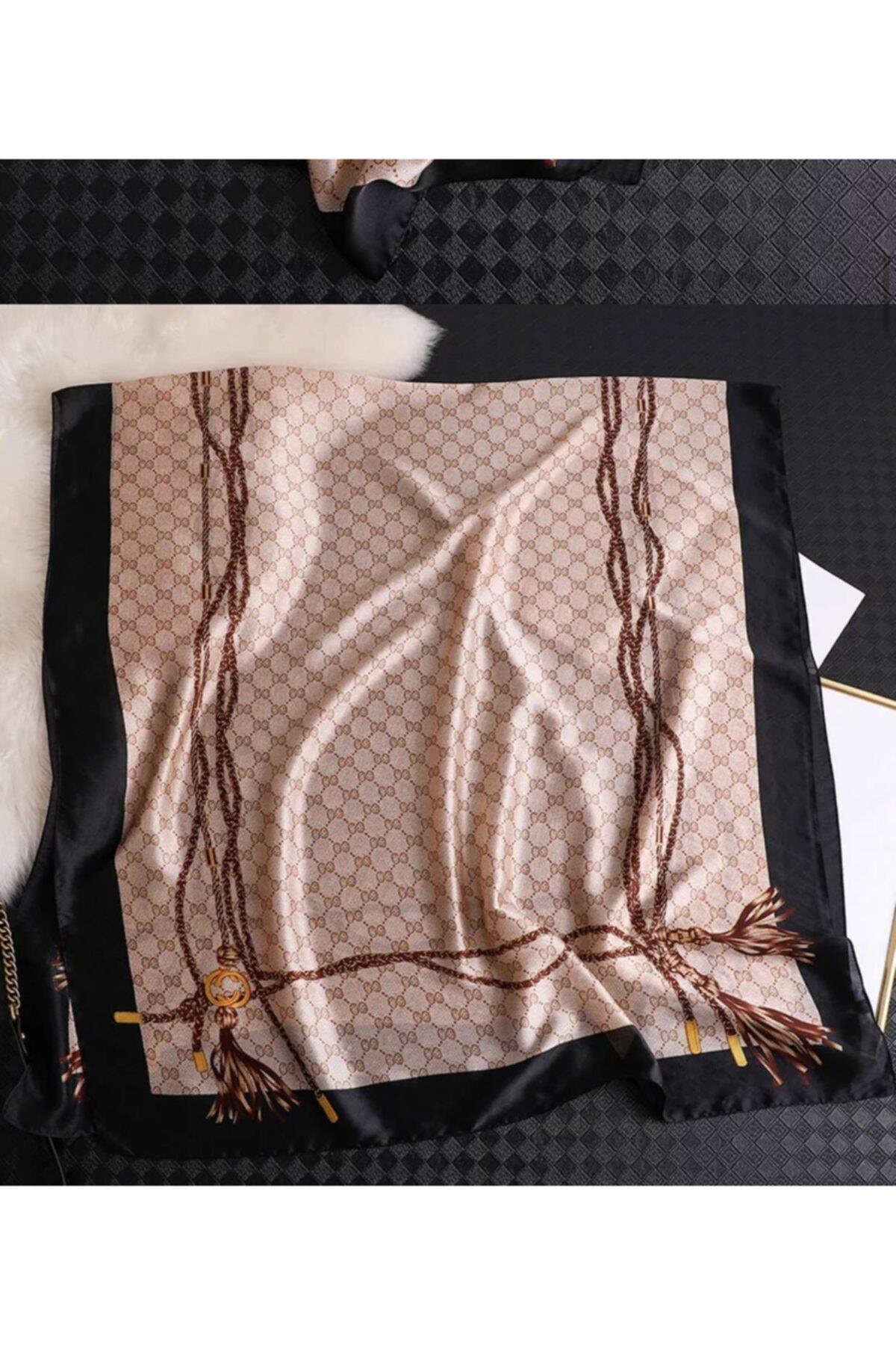 Lüks Marka Trend Moda Kahverengi Siyah Zincir Desenli Ipek Eşarp Şal Başörtü