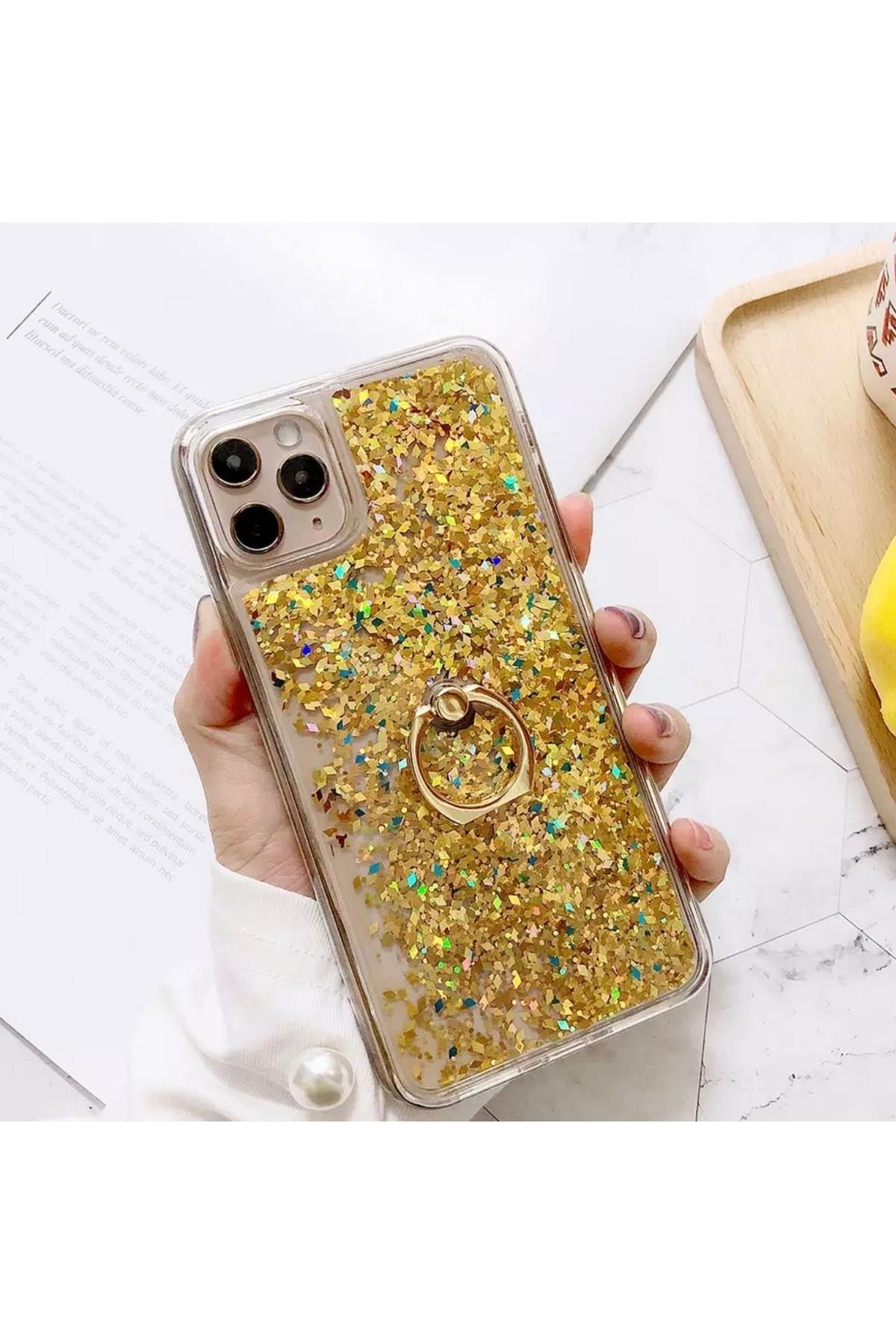 Lüks Metal Gold Yüzüklü Standlı Hareketli 3d Sulu Telefon Kılıfı Kapağı Kapak Altın Simli Iphone 11