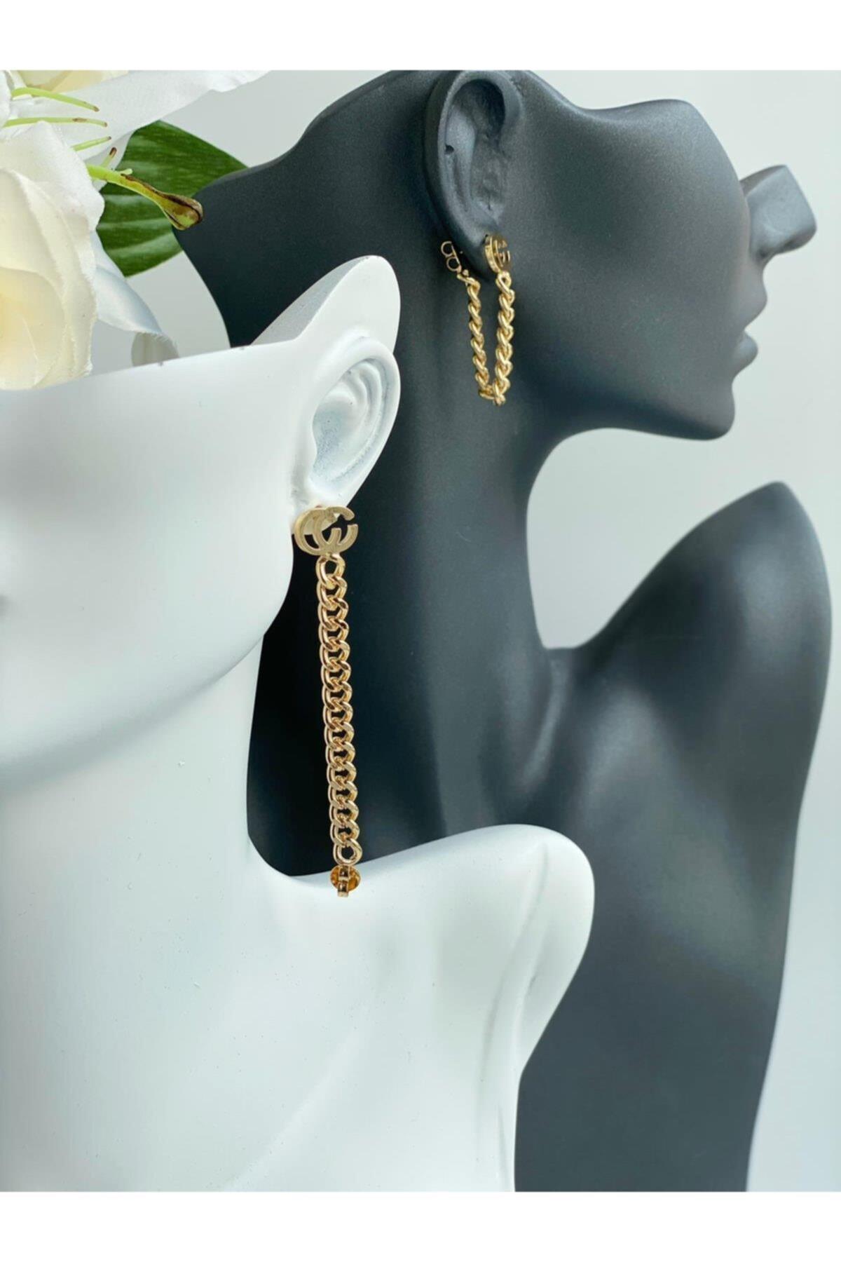 Lüks Moda Zincir Çift Kullanım Çelik Küpe Gold Altın Halka Sarkıt